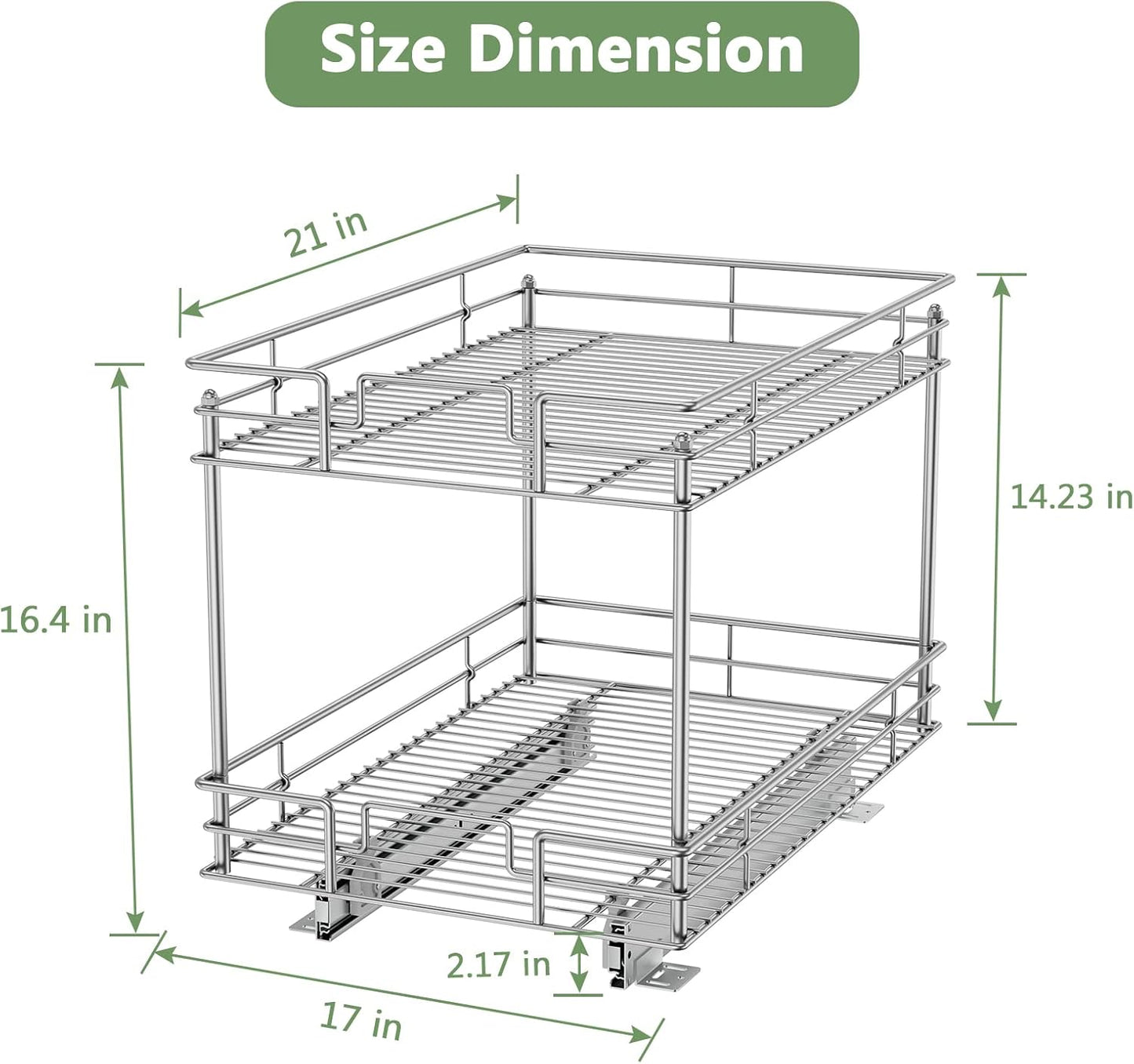 ROOMTEC Pull Out Cabinet Organizer, Kitchen Cabinet Organizer and Storage 2-Tier Cabinet Pull Out Shelves for Kitchen,Under Sink Organizers and Storage 17" W x 21" D Chrome