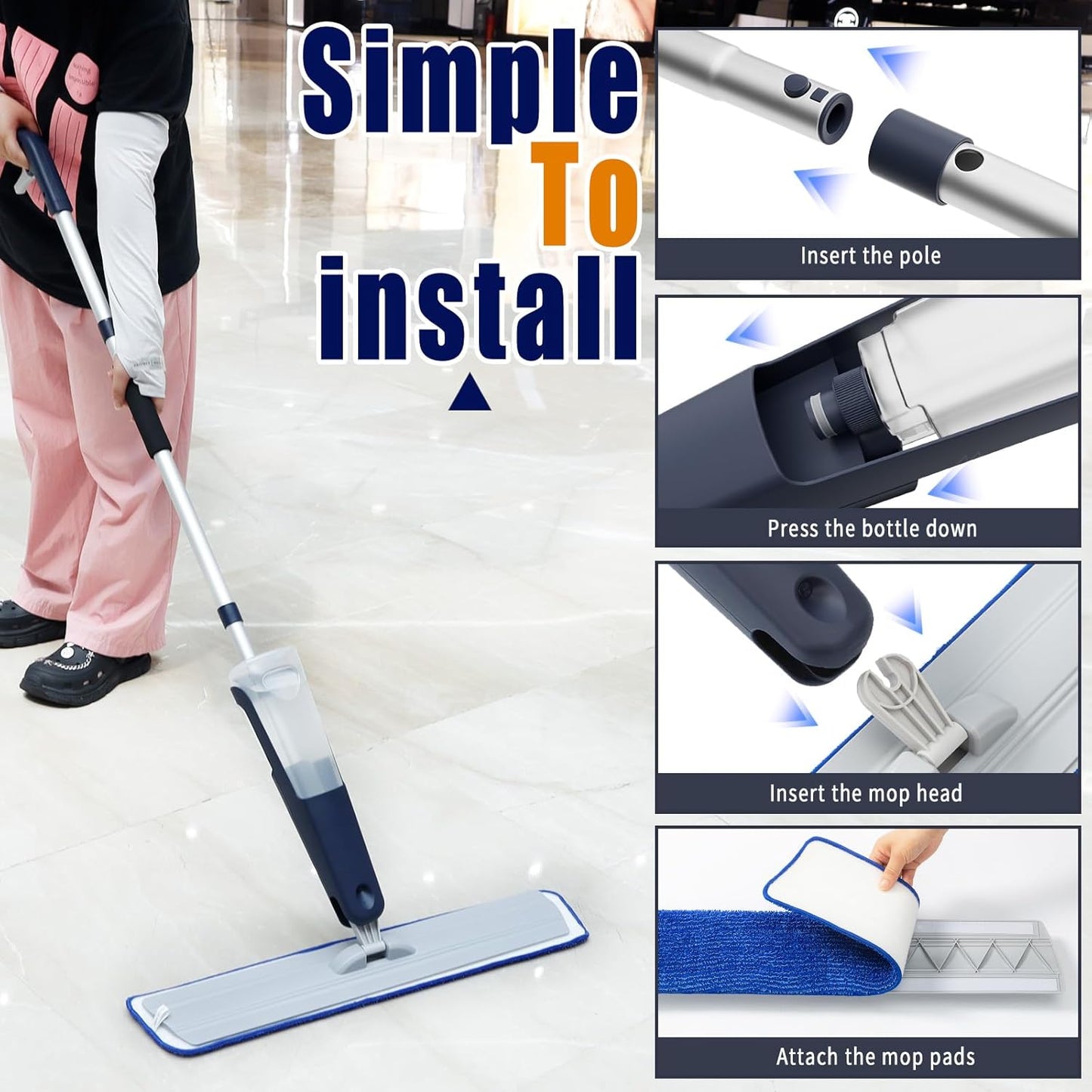 24" Microfiber mop for Floor Cleaning System, Commercial Heavy-Duty Wet Dry mops with Spray Mode, 28oz Tank, 2 Washable Pads, for Kitchen, Lobby, Pool, Factory, Office