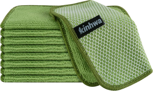 KinHwa Kitchen Washcloths for Dishes Absorbent Microfiber Dish Cloths Quick Dry Dish Rags with Poly Scour Scrub Side Ideal for Kitchen Cleaning (Green, 7inchx7inch 9 Pack)