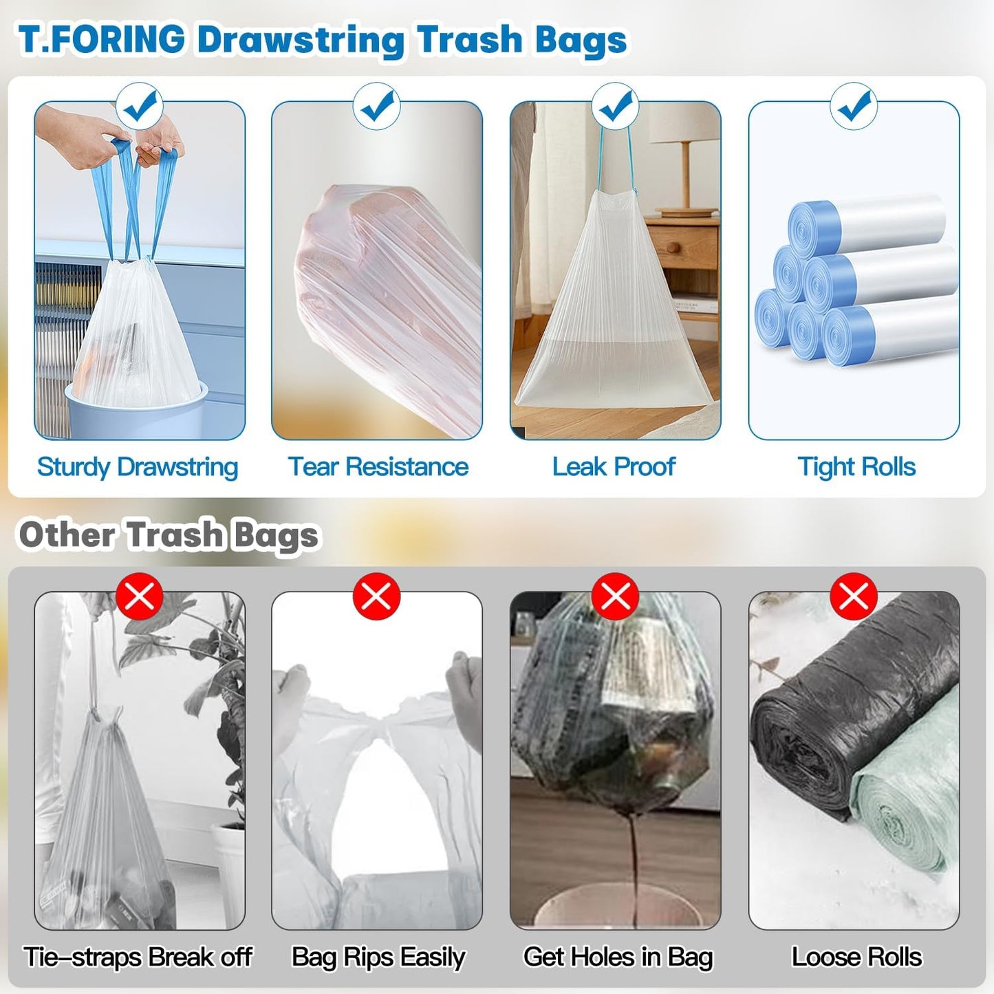 6 Gallon Trash Bags Drawstring 1.1 Mil - 120 Count Medium Garbage Bags,22.5 Liter Strong Plastic Trash Can Liners Unscented,Thick Waste Basket Bags for Home Bathroom Office Kitchen