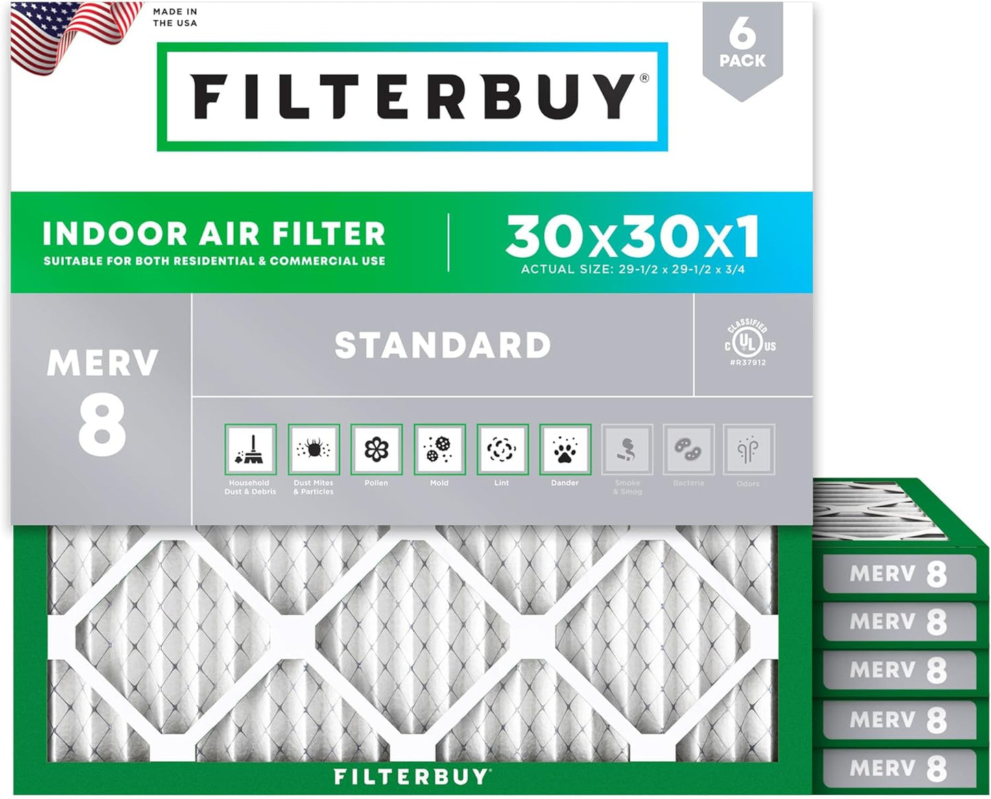 Filterbuy 30x30x1 Air Filter MERV 8 (MPR 700) Dust Defense Replacement (6-Pack), Electrostatic Pleated HVAC AC Furnace Filters, Made in USA (Actual Size: 29.50 x 29.50 x 0.75)