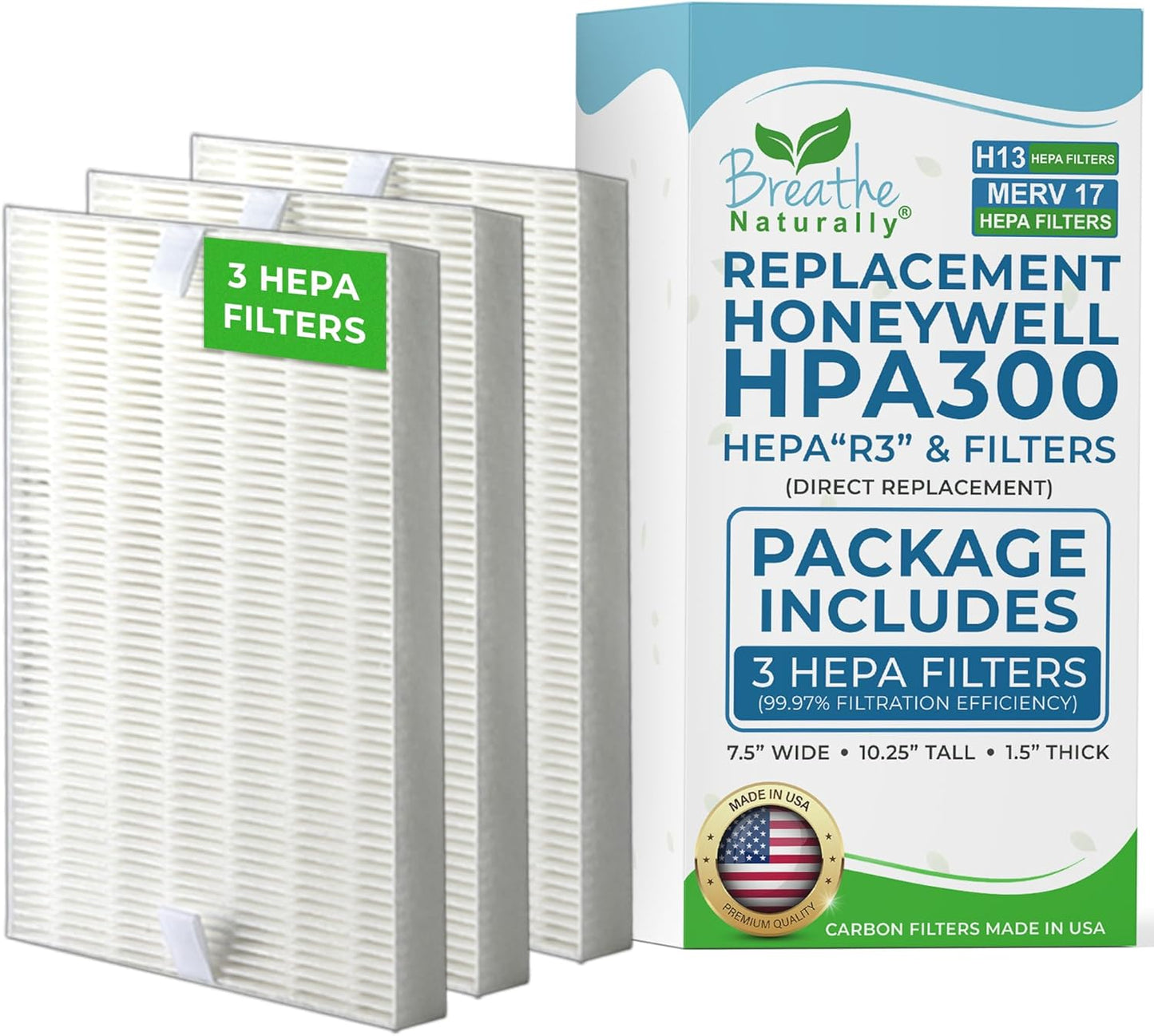 Breathe Naturally "R" Replacement Air Filters Compatible with Honeywell Air Purifier HPA300, HPA200 and HPA100 Series - True Honeywell HEPA Filter for Home Purifiers -7.5"x10.25"x1.5" (3 HEPA Filters)