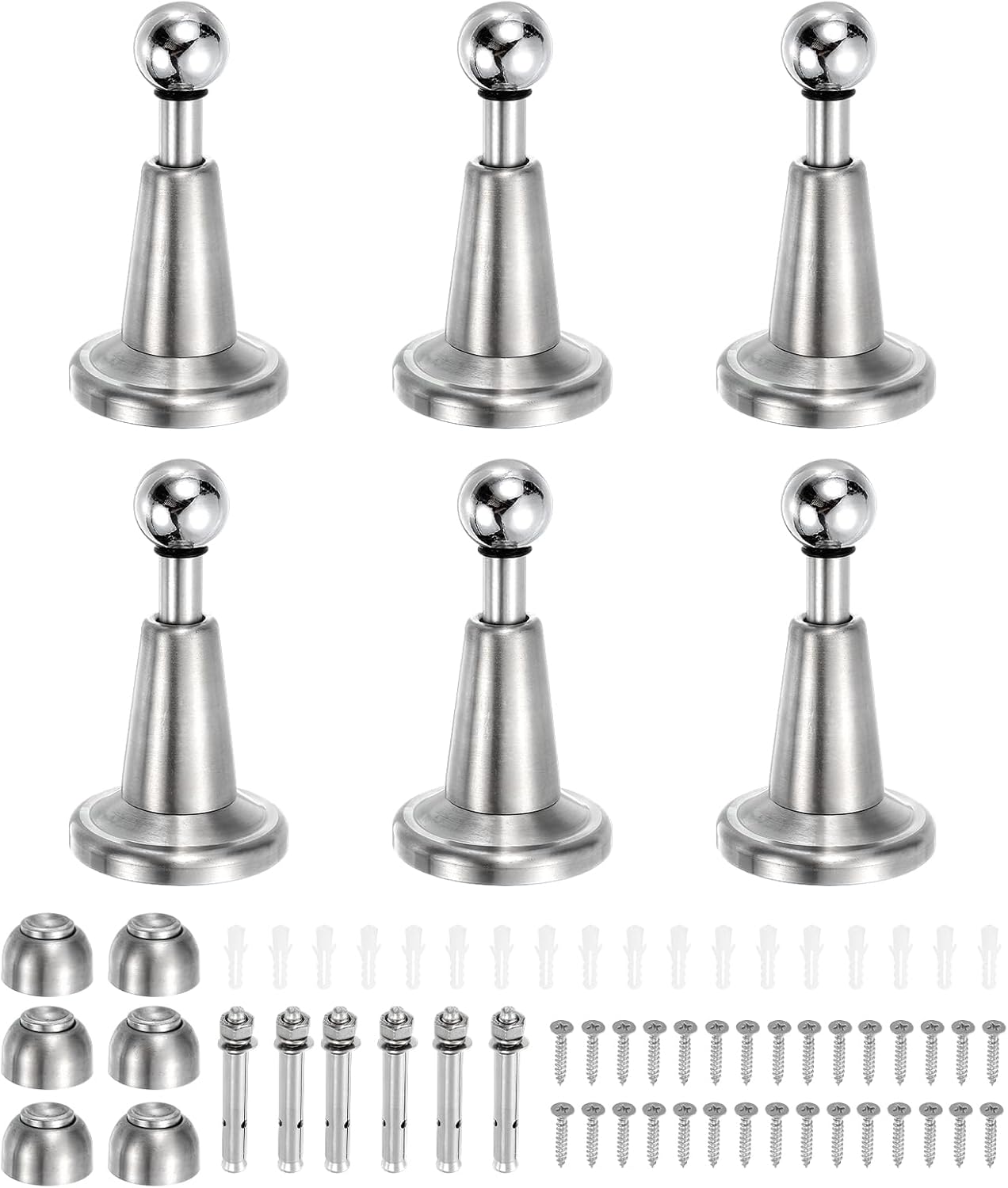 uxcell 6Pcs Magnetic Door Stopper, 304 Stainless Steel Magnetic Door Stop Catch, Soft-Catch Brushed Nickel Hold Door Open Wall Mount for Bottom of Door, Silver