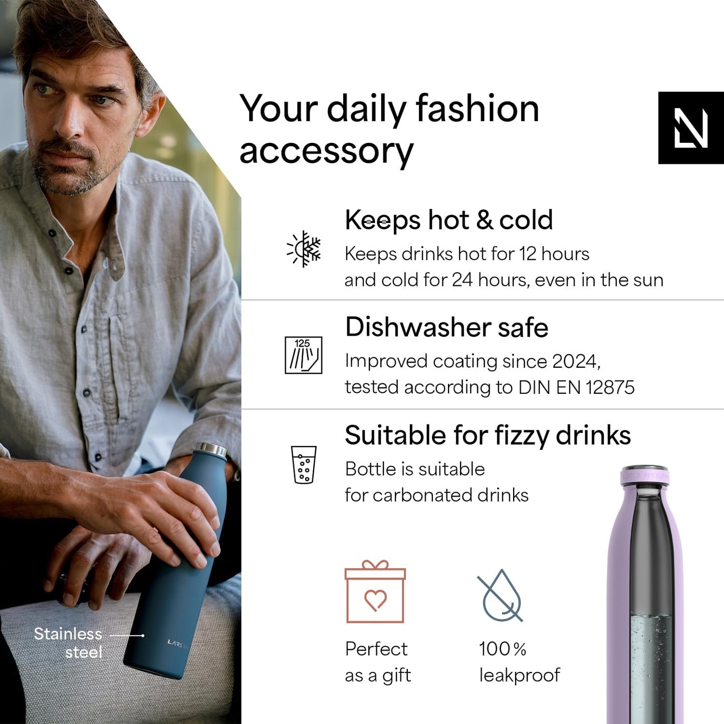 LARS NYSØM Stainless Steel Insulated Water Bottle 12oz 17oz 25oz 34oz 51oz | Insulated Thermo Flask for Hot and Cold Beverages | Leakproof Drinking Bottle (Lavender Purple, 25.4oz)