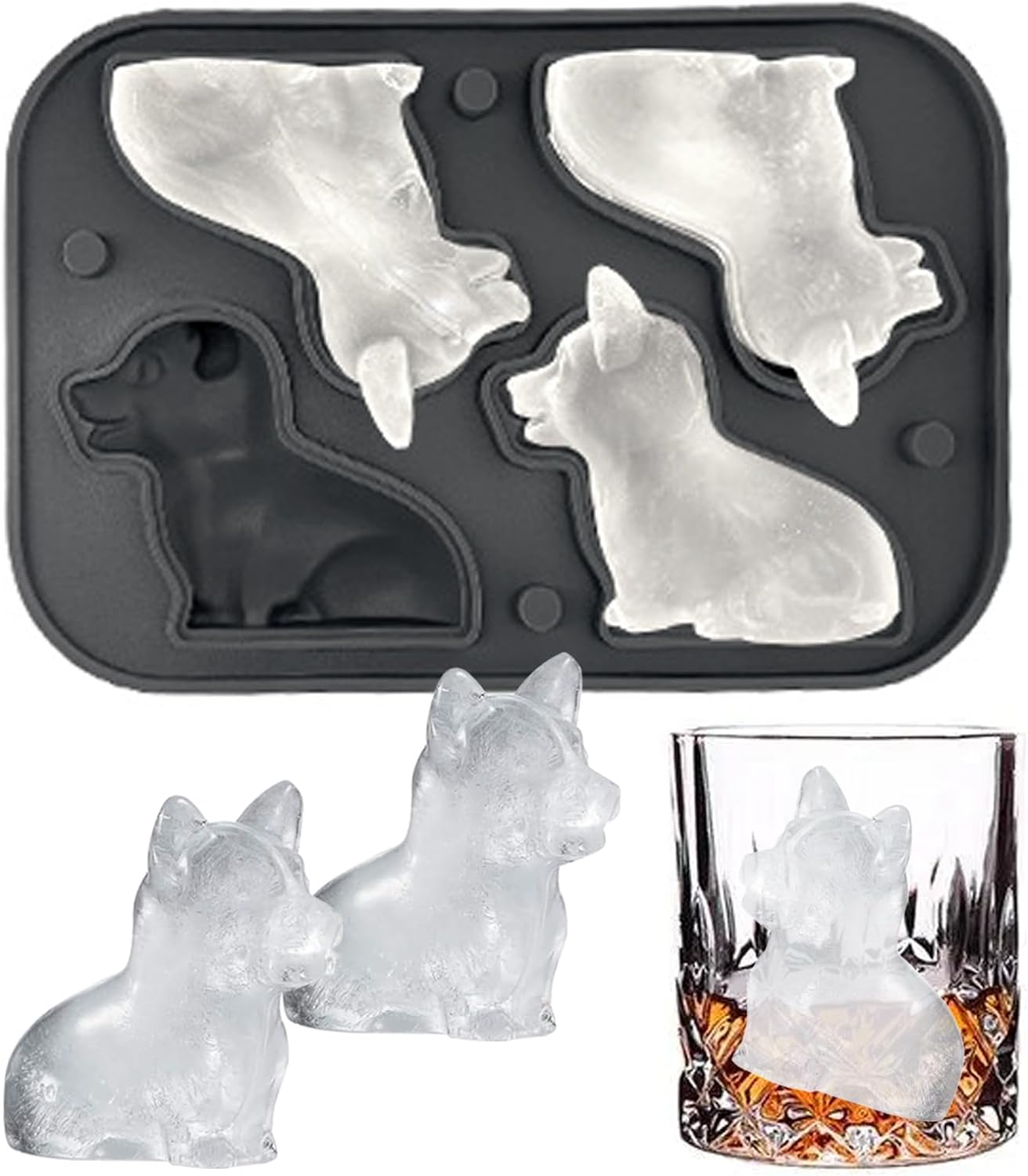 Corgi Dog gifts 3D Ice Cube Mold, Admaison Ice Cube Tray with Funnel for Cocktails, Bourbon,Brandy, Whiskey Gifts for Men, Silicone Fun Shapes Black (Corgi)