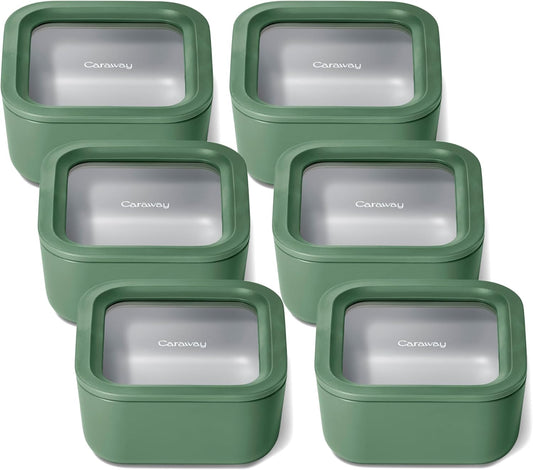 Caraway 6pc Glass Food Storage Set – 4.4 Cup Food Containers (6) - Ceramic Coated - Non Toxic, Non Stick with Lids - Microwave Safe - Sage
