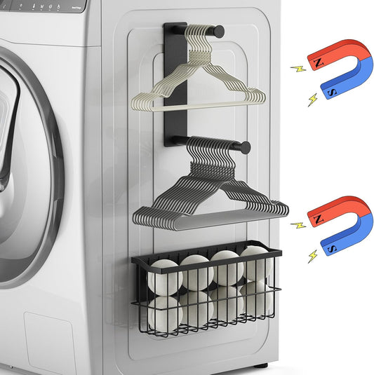 MFTEK Magnetic Dryer Ball Holder and Magnetic Hanger Holder for Laundry Room Organization, Extendable Hanger Organizer Stacker, Magnet Lint Bin, Metal Basket Dryer Ball Container Set (Black)