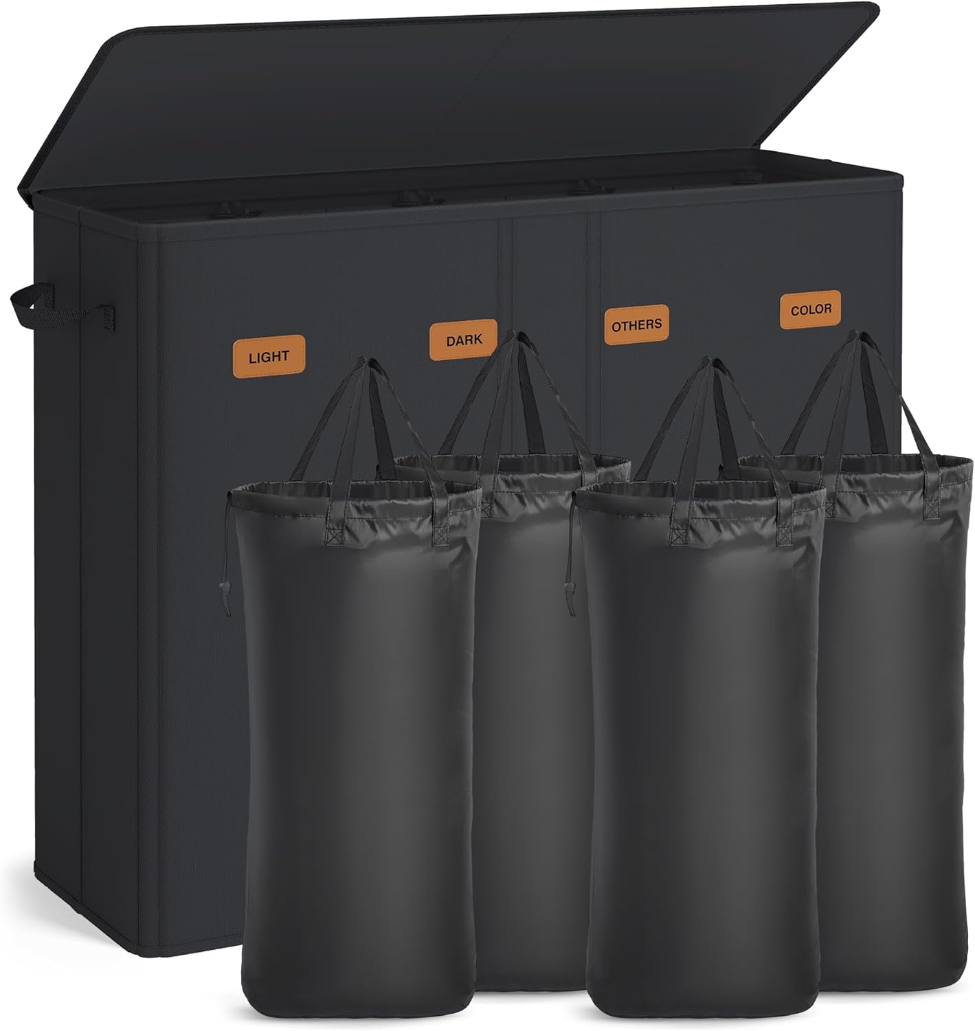 SONGMICS 55.4 Gallon (210 L) Laundry Hamper, 4-Compartment Laundry Basket Sorter with Lid, Labels, Removable Liner Bags, for Bedroom, Ink Black URLH014B01
