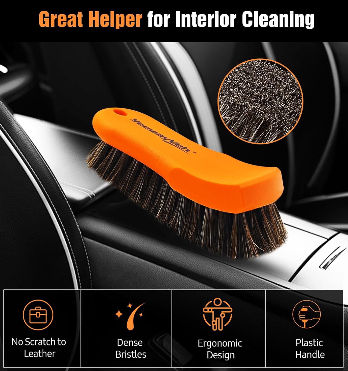 YeewayVeh 2PCS Leather Cleaning Brush, Horse Hair Brush for Car Leather Seat, Fabric, Shoes and Furniture, Soft Detailing Brush for Carpets, Seat Belts and Car Interior