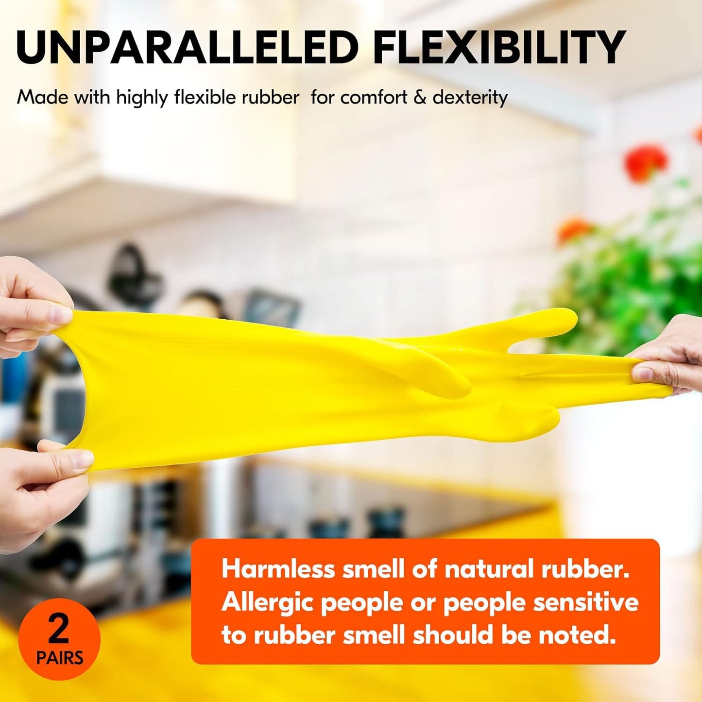 Vgo... 2-Pairs Reusable Household Gloves, Rubber Dishwashing gloves, Extra Thickness, Long Sleeves, Kitchen Cleaning, Working, Painting, Gardening, Pet Care (Size L, Yellow, HH4601)