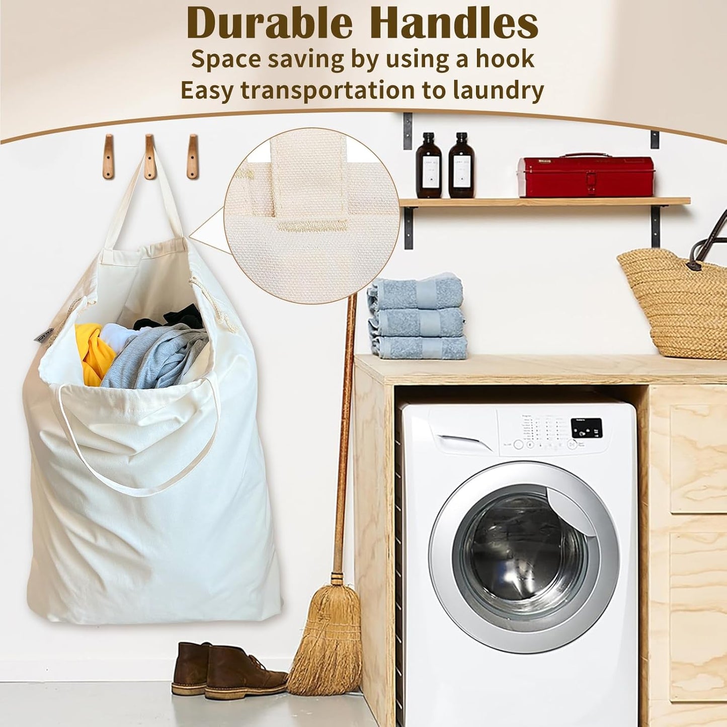 Canvas Laundry Bag 33"x 35", Thick Cotton Laundry Bag with Handles & Drawstring, Extra Large Heavy Duty Washable Basket Liner Hamper Liner Canvas Storage Sack (Beige XL, 2 Pack)