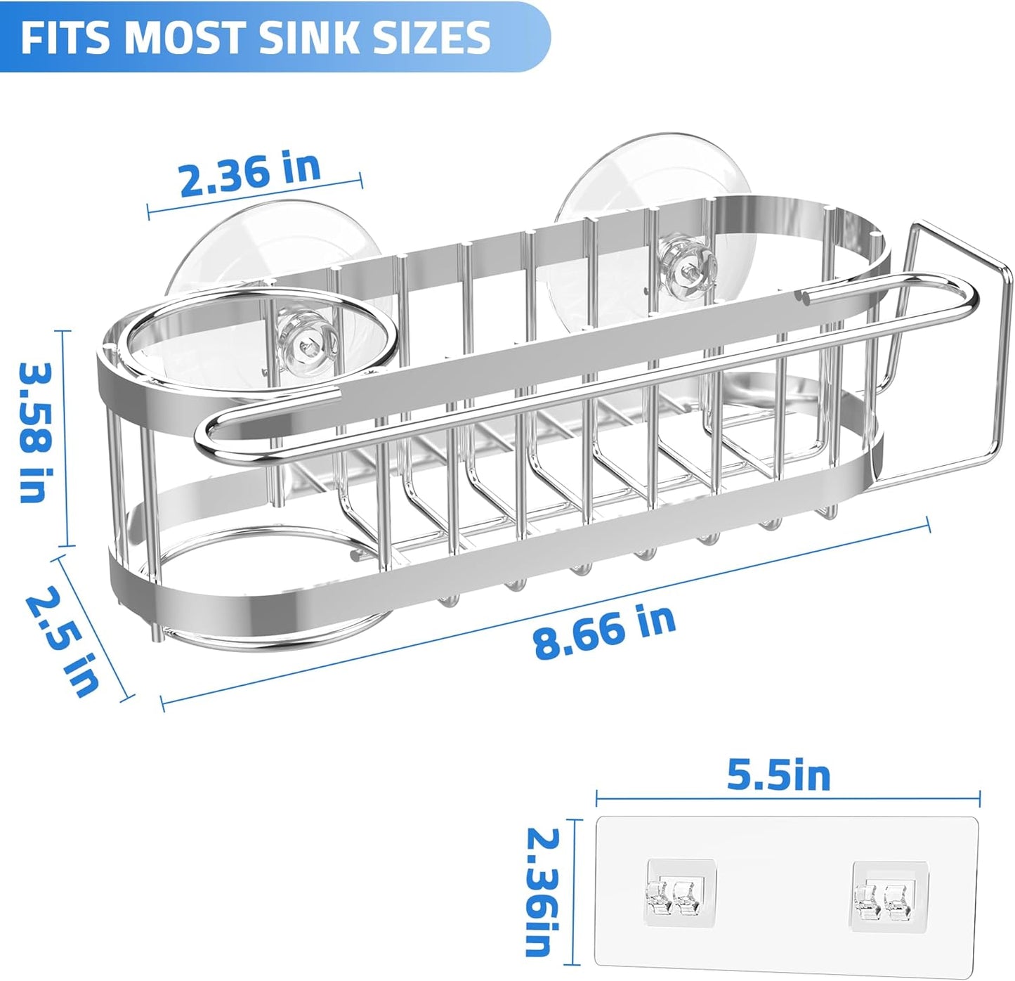 Cisily Kitchen Sink Caddy Sponge Holder in The Sink, Stainless Steel Kitchen Sink Organizer, Brush Holder, Dish Cloth Hanger, Sink Stopper Holder with 2 Installation Ways (Suction & Adhesives, Silver