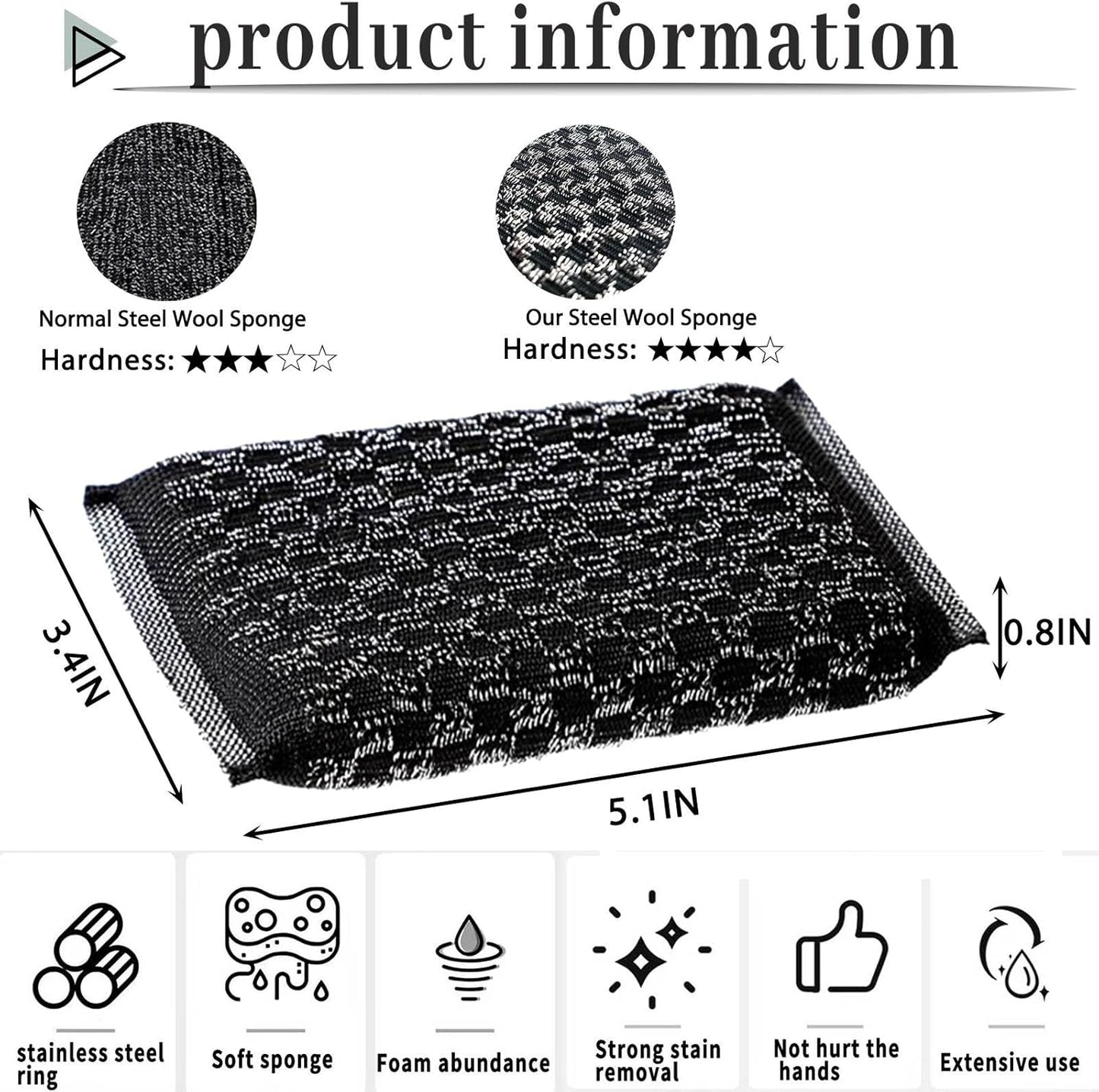 Steel Wool Scrubbers Dish Sponges Kitchen Scrubbing Pads Pot Scrubber for Kitchen Non Scratch, Soft and Fast Cleaning Scrubber (Black)
