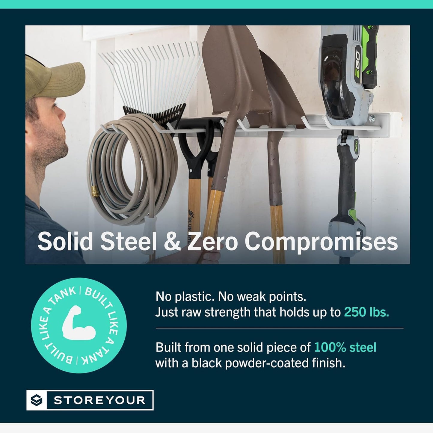 StoreYourBoard Wall-Mounted Rack With 4 Garage Hooks, Gray – Heavy-Duty Steel Holder Garage & Garden Storage for Shed, Workshop, or Home Organization – For Rakes, Shovels, Tools & More – 1 Pack, Gray