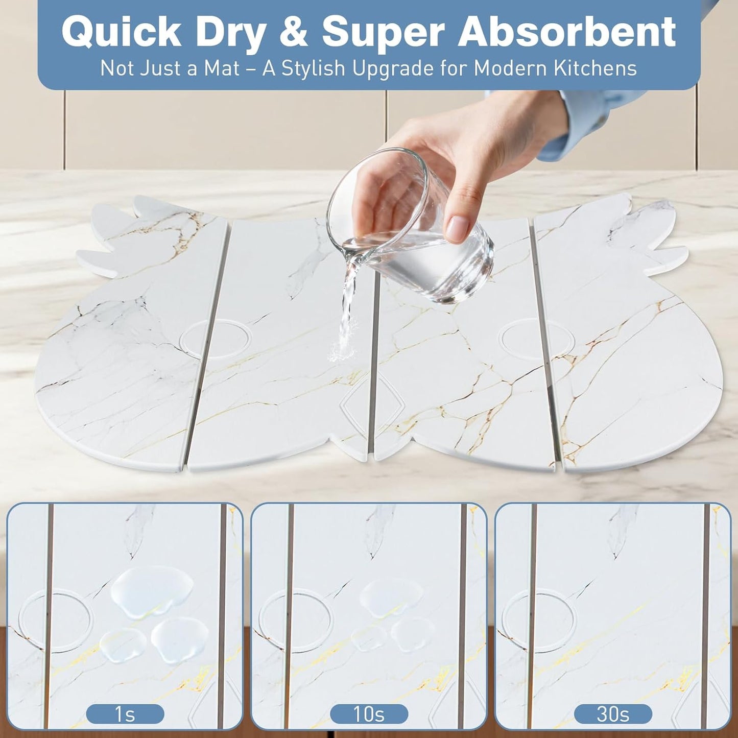 Large Stone Dish Drying Mat for Kitchen Counter,24"(L)×16"(W) Quick Dry Absorbent Diatomaceous Earth Dish Drying Mats,Owl Shape Design Drying Pads for Cups Dishes Bottles (White)