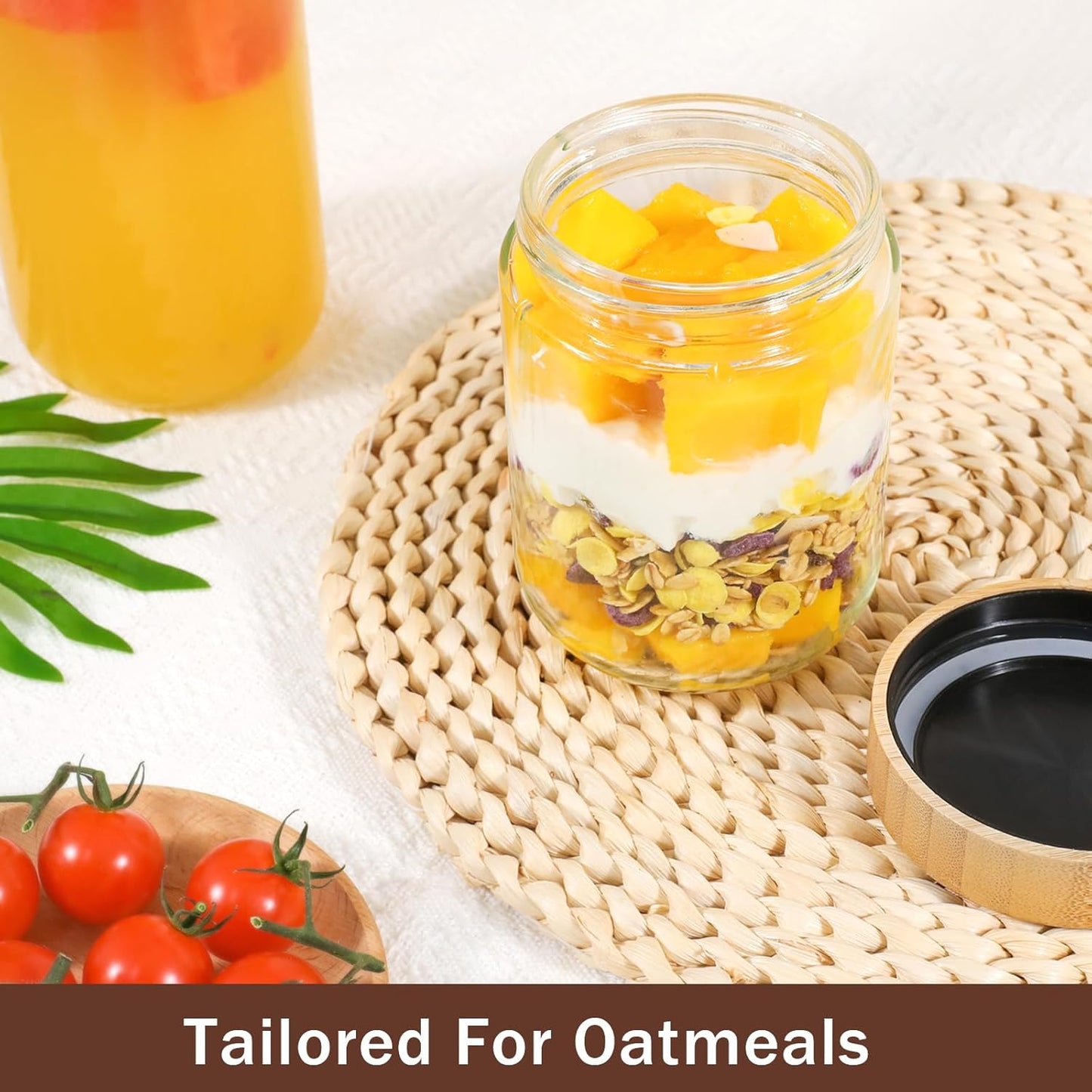 OcePor 4 Pack 16oz Glass Jars with Bamboo Lids, Over Night Oats Container with Airtight Lid, Glass Snack Storage Salad Jars For Food, Yogurt, Sugar and Flour,Coffee Bean, Cookie, Cereal