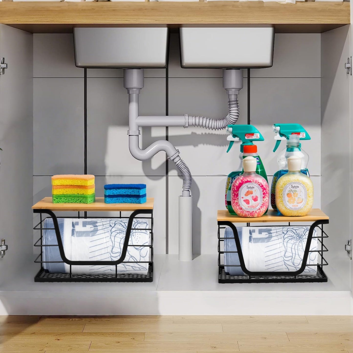 Wetheny 2 Pack Trash Bag Holder, Wall Mounted Garbage Bag Dispenser with Bamboo Top and Mesh Bottom, Stackable Storage for Kitchen Laundry Organization, Black