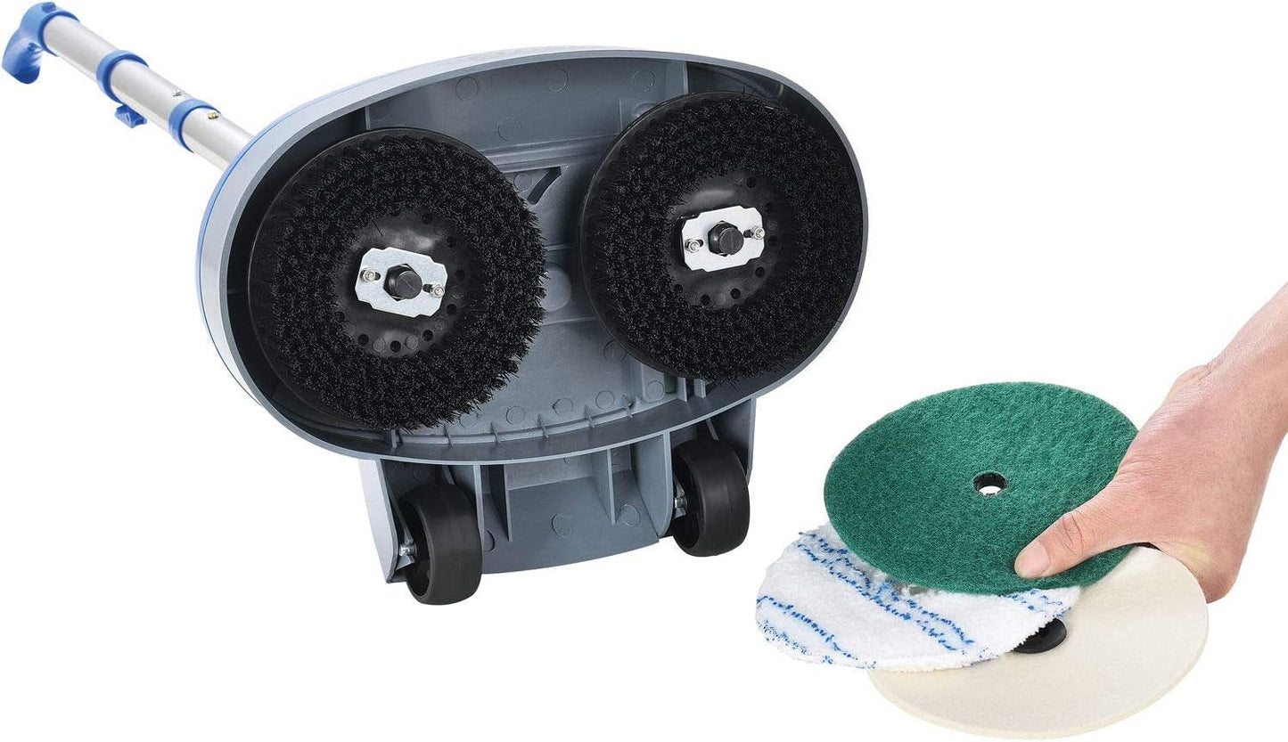 Global Industrial Mini Floor Scrubber With Floor Pads, 11" Cleaning Path, Dual Nylon Scrub Brushes, Cleans & Polishes Tile, Wood, Marble and other Hard Floors