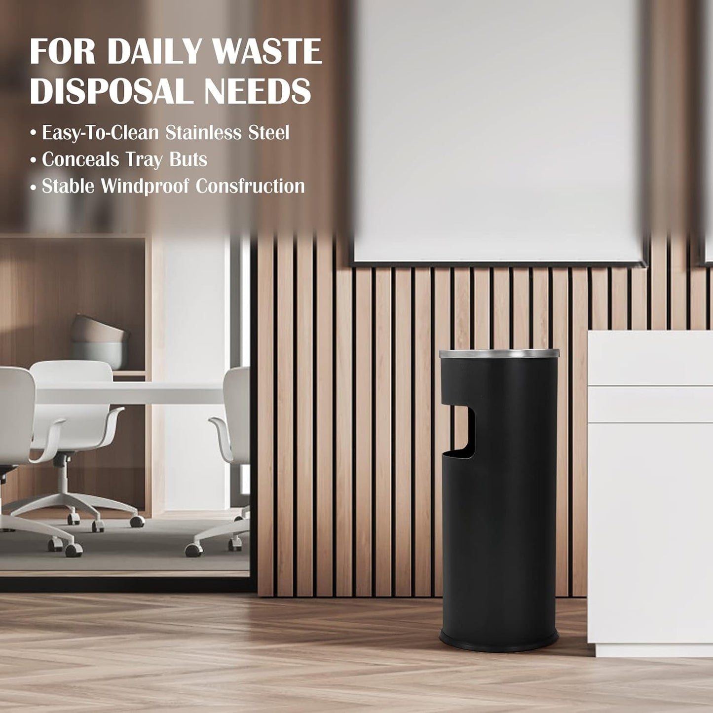 Trash Can Outdoor Waste Container Round Stainless Steel Trash Can with Removable Inner Bucket for Disposal Commercial Waste Container 9.8 x 24-Black