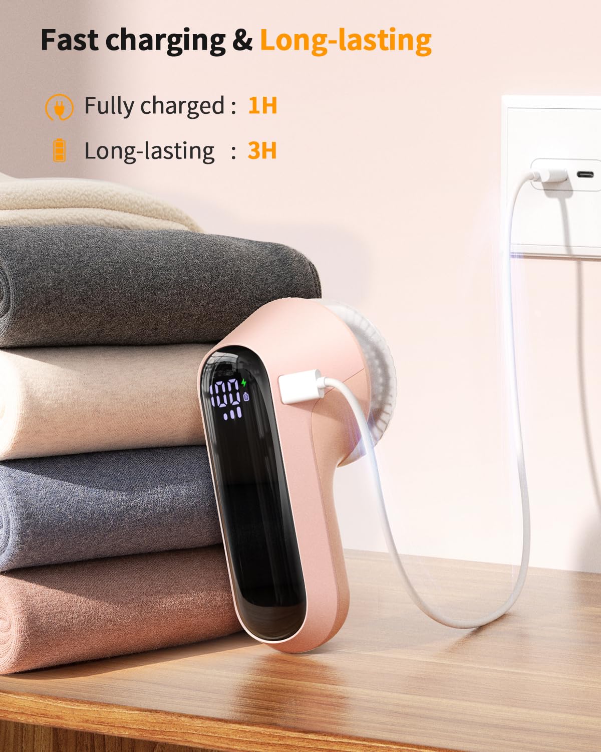 Fabric Shaver, Rechargeable Lint Shaver with Digital Display, Electric Portable Sweater Shaver with 6-Leaf Blades and Safety Lock, 3-Speeds Lint Remover to Remove Pilling for Clothes, Couch (Pink)