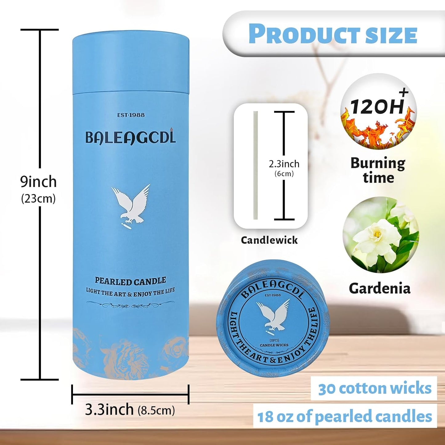 White Pearled Candle 18oz Luxury Sand Candle Granulated Wax - 30 Cotton Wicks - Gardenia Scented - Lasts up to 120 Hours