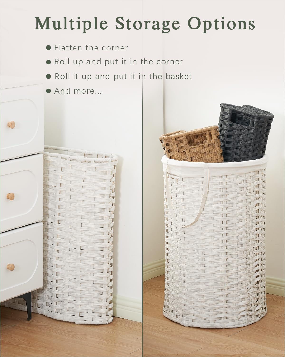 Laundry Hamper Laundry Basket Round 19.0 Gal (72 L) Handwoven Rattan Laundry Basket, Large Wicker Laundry Hamper with Removable Laundry Bag Handles 2 Mesh Bags for Bedroom Living Room White