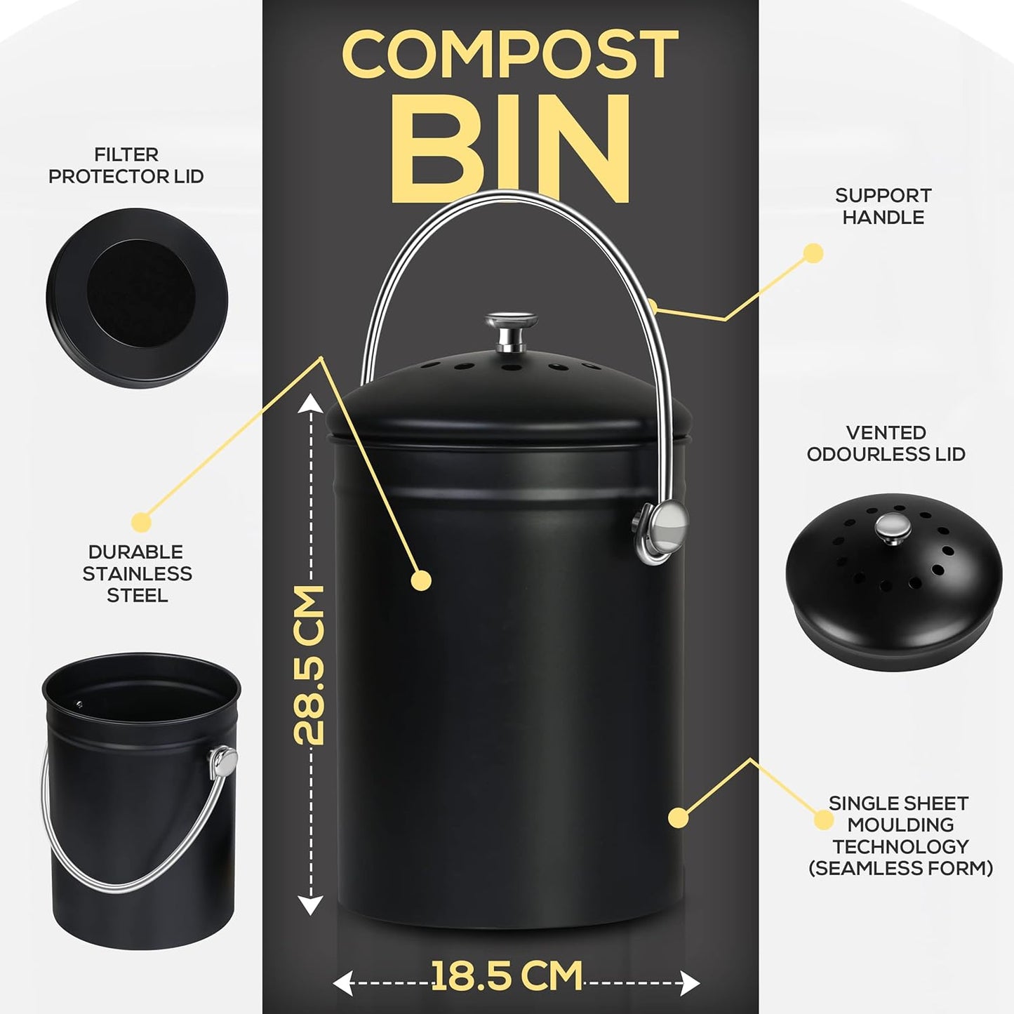 Utopia Kitchen Compost Bin for Kitchen Countertop, 1.3 Gallon Compost Bucket for Kitchen with Lid, Includes 1 Spare Charcoal Filter (Black)