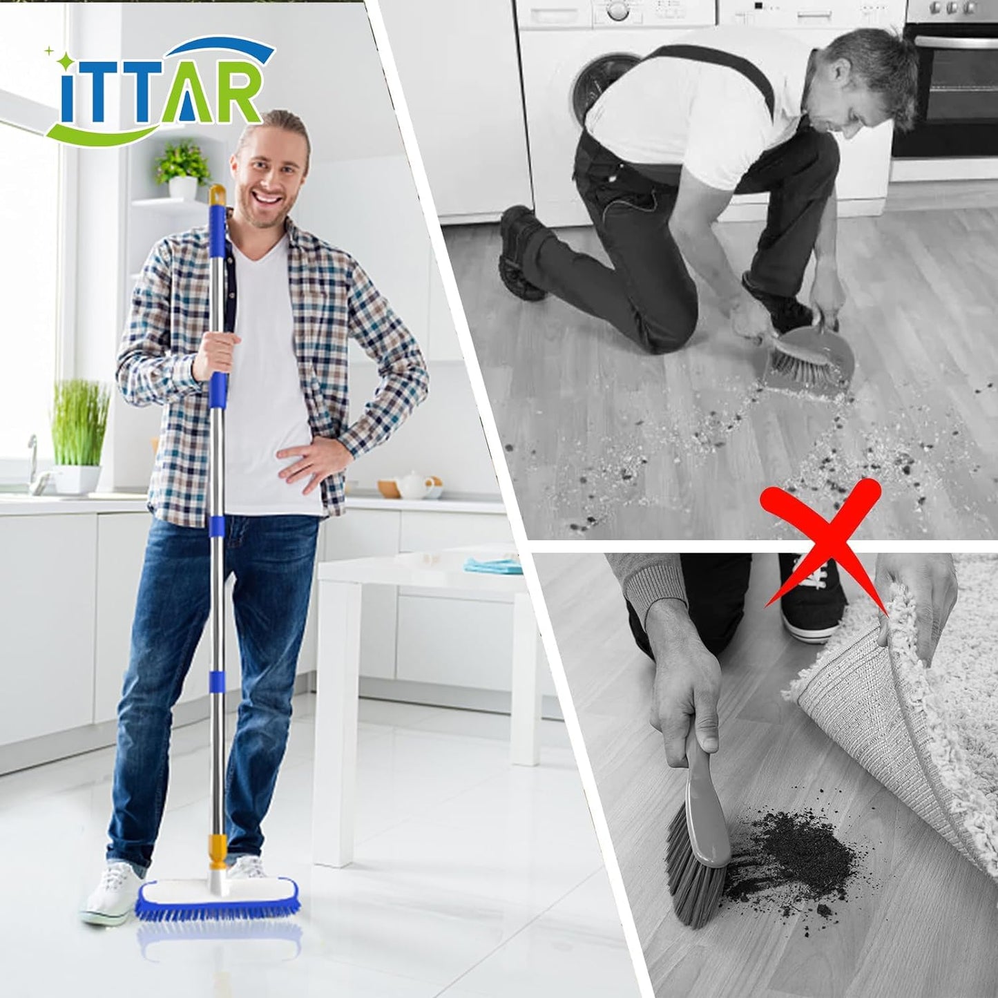ITTAR 12" Wide Floor Scrub Brush with Long Handle, 2-in-1 Deck Cleaning Brush with 55" Extendable Pole, Heavy-Duty Tub Tile Scrubber Cleaner Brush for Shower Floor, Kitchen, Patio, Garage, Restaurant