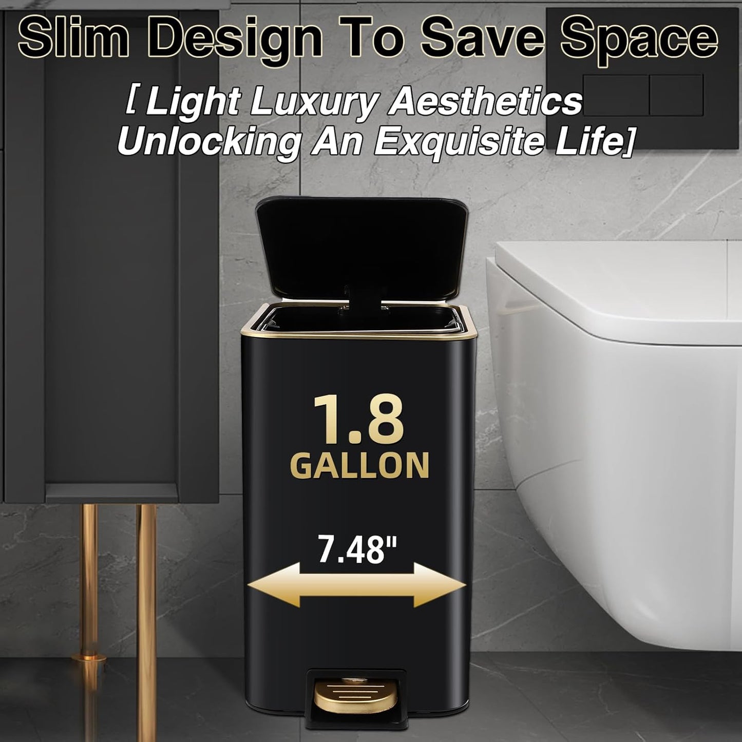 Small Bathroom Trash Can with Lid Soft Close, 1.8 Gallon Stainless Steel Garbage Can with Removable Inner Bucket,3PCS Soap Dispenser,75Count Trash Bag, Slim Step Pedal Trash Bins