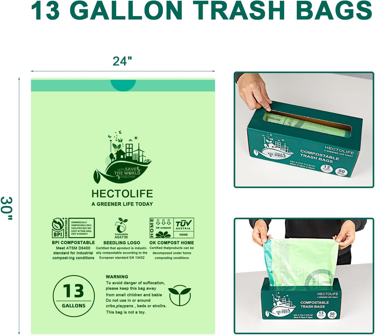 13 Gallon,200 Count, Compostable Trash Bags with Drawstring,Tear Resistant Kitchen Food Scrap Waste Bag, ASTM D6400, US BPI and Europe OK Compost Home Certified