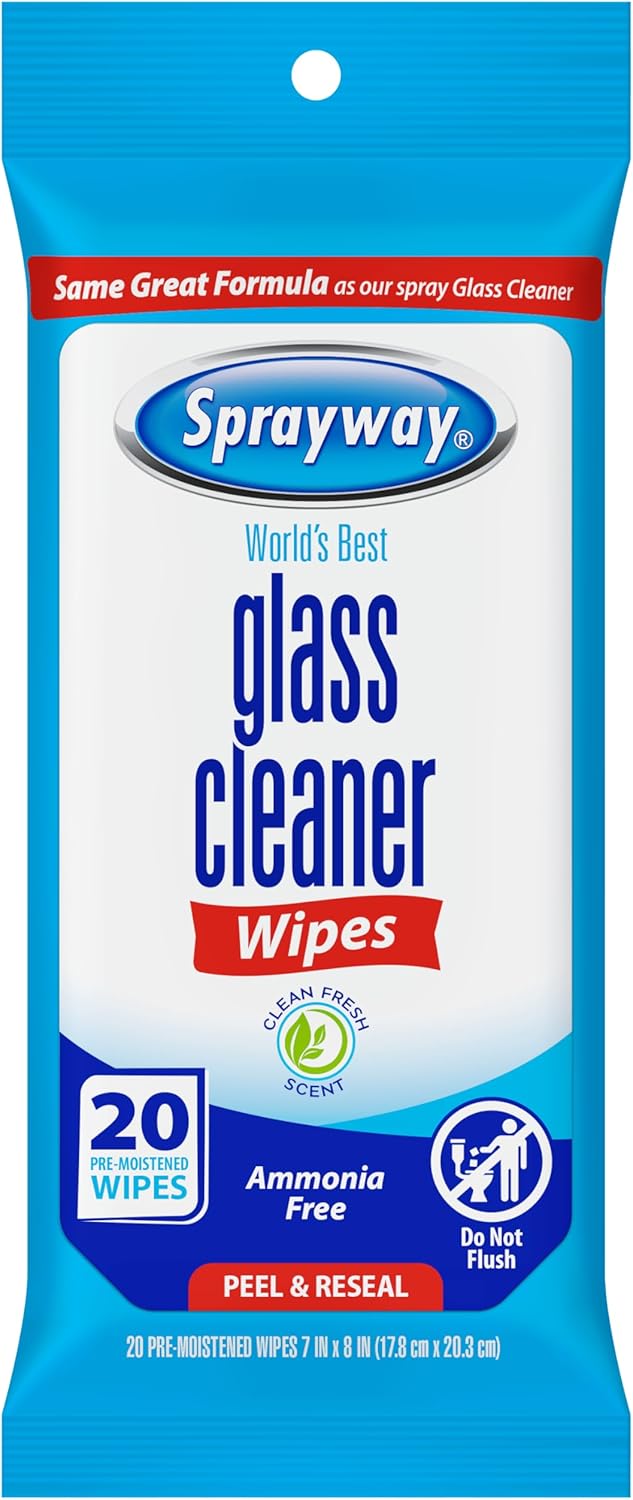 Sprayway Glass Cleaner Wipes, 20ct, Pack of 12, On-the-Go Resealable Package, Pre-Moistened, Original Ammonia-Free Formula, Removes Fingerprints, Dust, Dirt, All Glass Surfaces, 2 trays per cartons