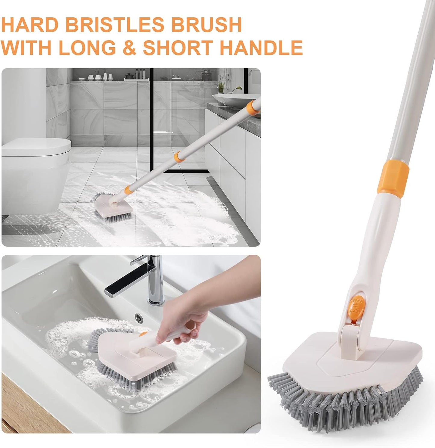 3 in 1 Shower Scrubber Cleaning Brush with Long Handle, 50'' Tub and Tile Grout Scrub Brush Stiff Bristles Lock in Place Scrub Brush Head for Bathroom Kitchen Wall Floor Bathtub Sink Glass - Upgrade