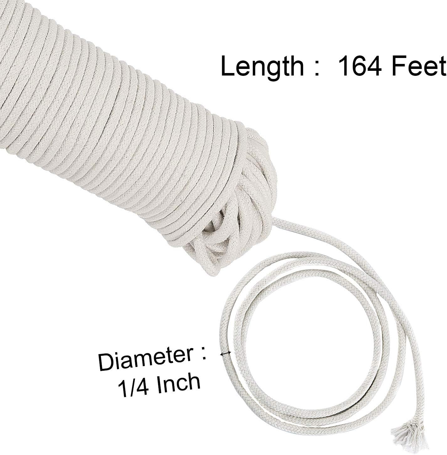 ZOENHOU 164 ft 1/4 in Natural Cotton Rope - White Solid Clothesline Rope for Laundry Line, DIY Crafts, Art Projects, Garden Decor