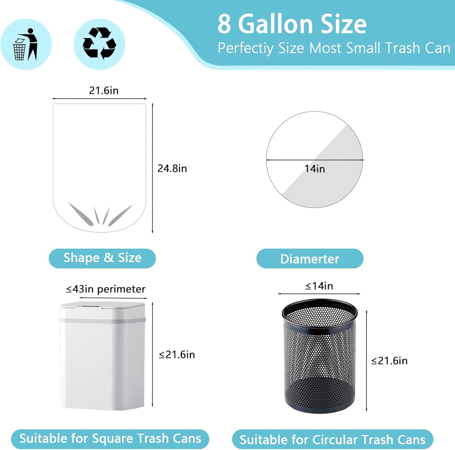 300 Count 8 Gallon Trash Bags, 13 Micron Extra Thick Medium Garbage Bags, 7-9 Gallon Unscented White Wastebasket Can Liners for Bathroom Kitchen Home Office