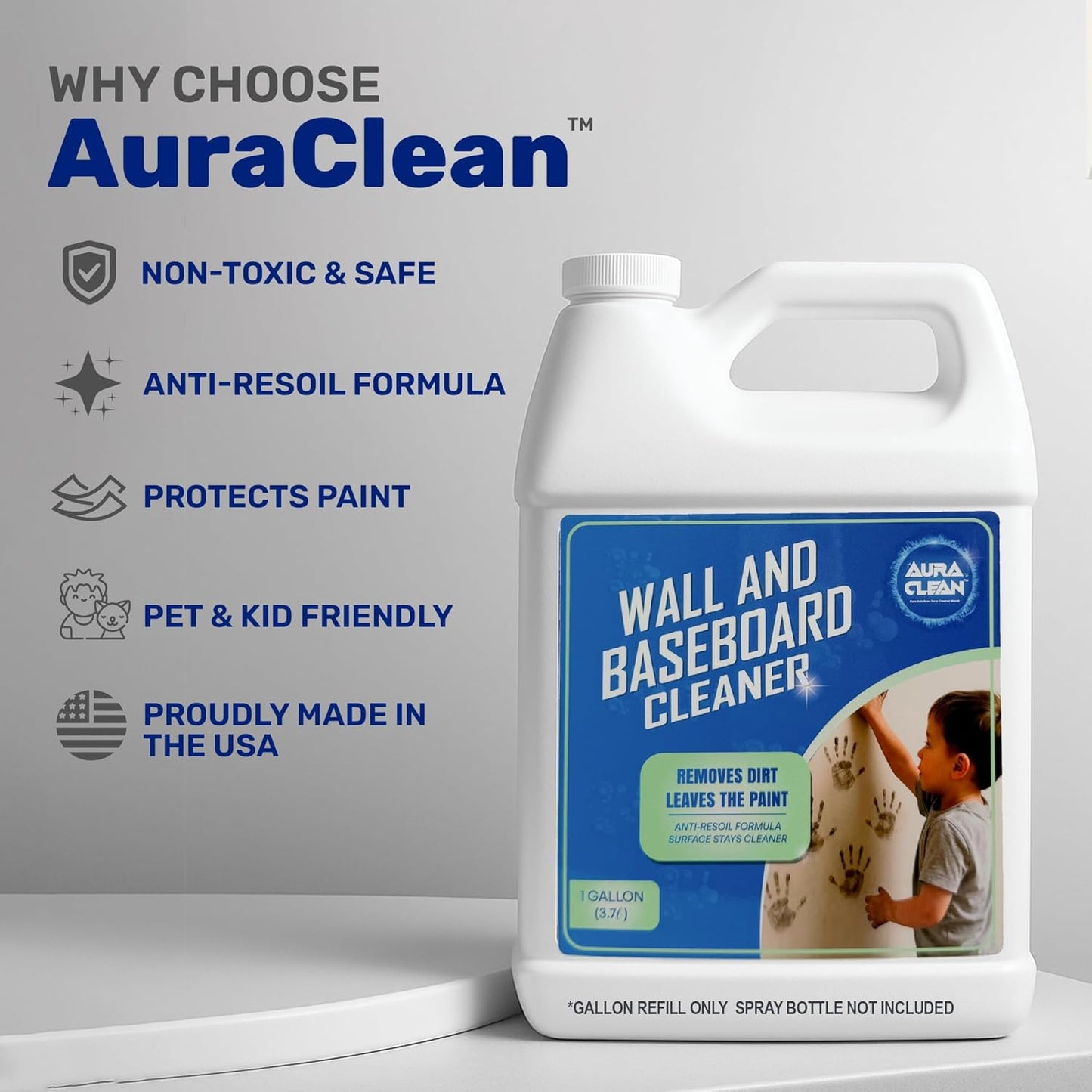 Wall & Baseboard Cleaner - Safe for Painted Walls & Trim | Eco-Friendly, No-Rinse, Kid & Pet-Safe | Anti-Resoil, Streak-Free Finish | Made in the USA | Refill - 1 Gallon (128 Fl Oz)