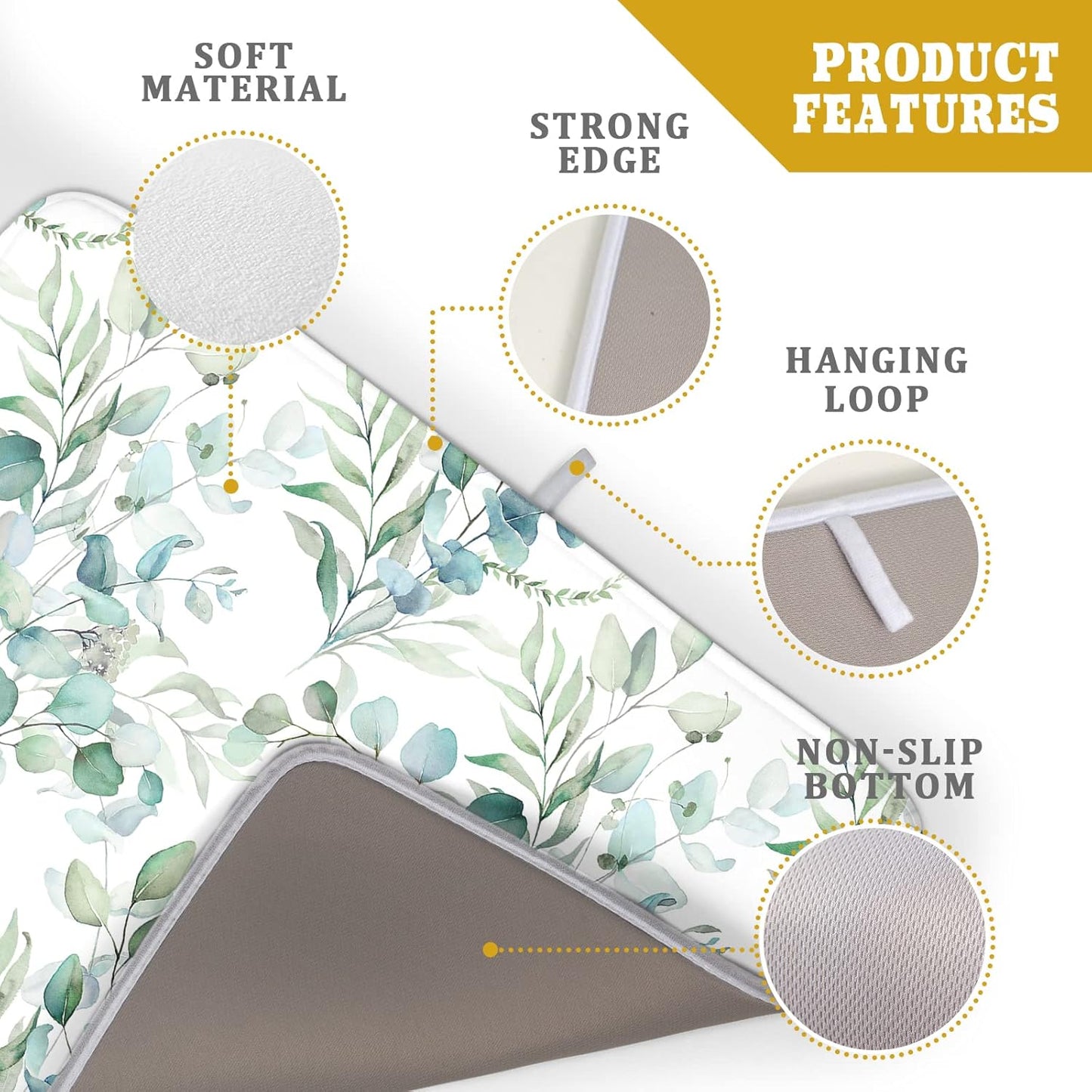 Sage Green Leaves Dish Drying Mats for Kitchen Counter 18x24 Inch, Leaves Kitchen Drying Mat,Watercolor Herbs Dishes Pad Dish Drainer Rack Mats Absorbent Fast Dry Kitchen Accessories