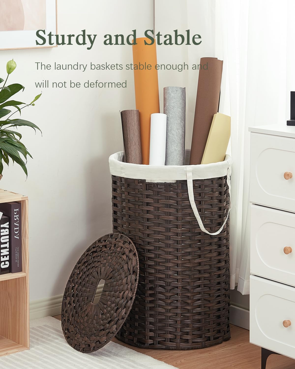 Large Laundry Hamper Laundry Basket Round 34.3 Gal (130 L) Handwoven Wicker Laundry Baskets Rattan Laundry Basket with Laundry Bag Handles 2 Mesh Bags for Living Room Bedroom Brown