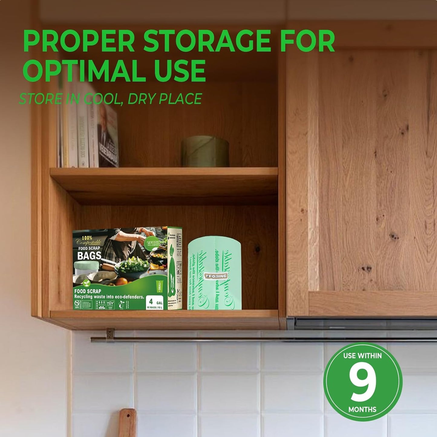 Compostable Trash Bags, 3-4 Gallon, 15 L, Extra Thick 0.8 Mil, Small Kitchen Food Scrap Waste Bags, ASTM D6400, US BPI, 80 Count