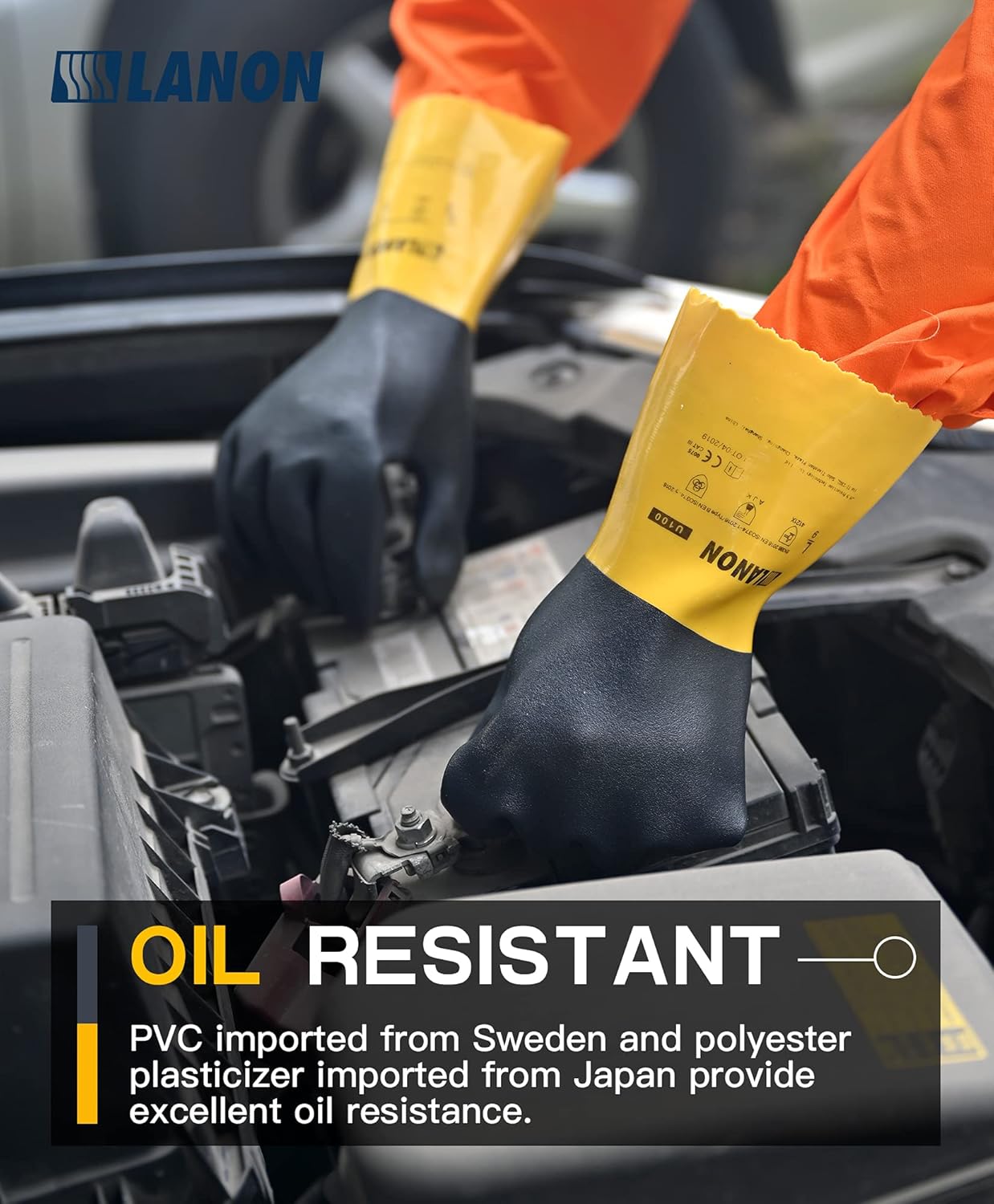 LANON 3 Pairs PVC Chemical Gloves, Thick Rubber Work Gloves, Heavy-Duty, EN 374/388, Acid, Alkali and Oil, Non-Slip, XL