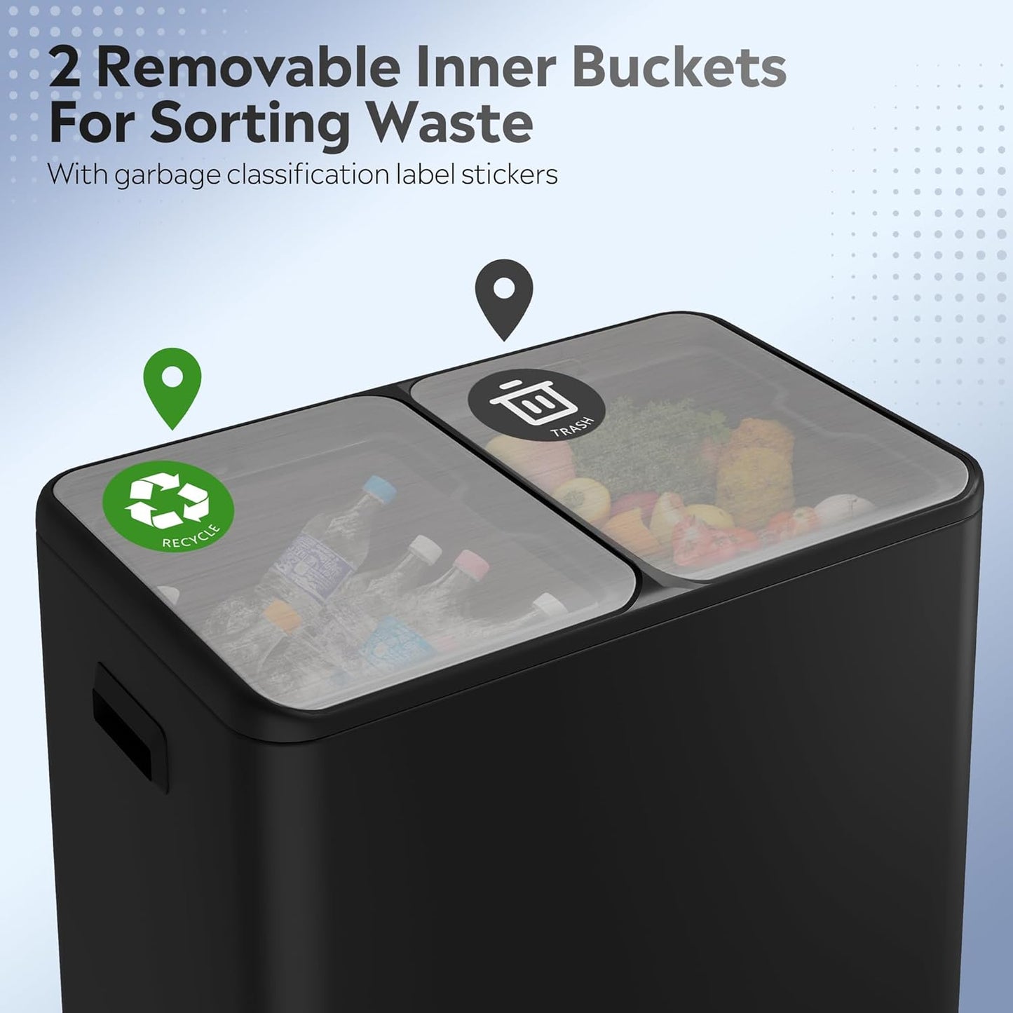 WLIVE Dual Trash Can, 2 x 8 Gallon (2 x 30 L), Step Trash Can with Lid with Inner Buckets, 2 Compartment, Heavy-Duty Stainless Steel Gabage Can for Kitchen with 15 Trash Bags, Black