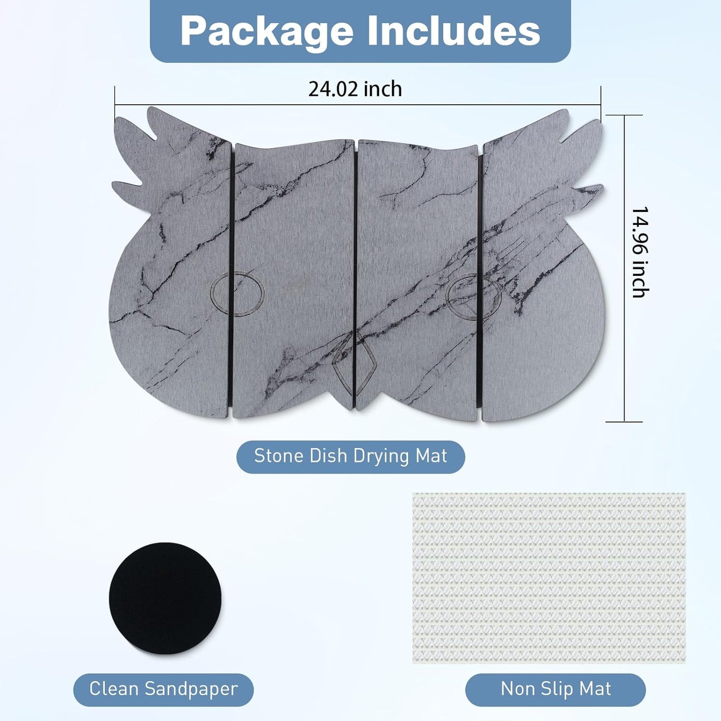 Large Stone Dish Drying Mat for Kitchen Counter,24"(L)×16"(W) Quick Dry Absorbent Diatomaceous Earth Dish Drying Mats,Owl Shape Design Drying Pads for Cups Dishes Bottles (Gray)