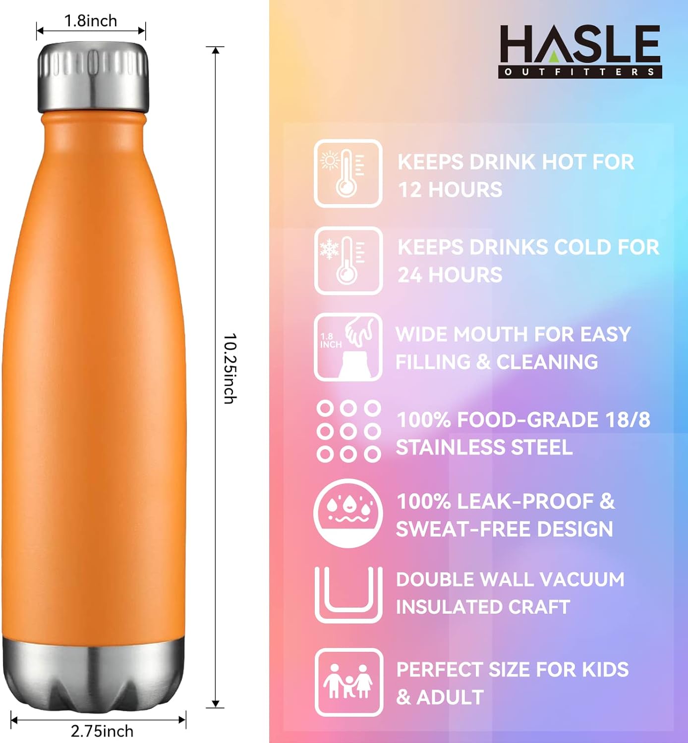HASLE OUTFITTERS 17oz Stainless Steel Water Bottles Bulk, Vacuum Insulated Water Bottles Double Walled Powder Coated Reusable Metal Sports Water Bottles Keep Drinks Hot and Cold, Orange, 4Packs