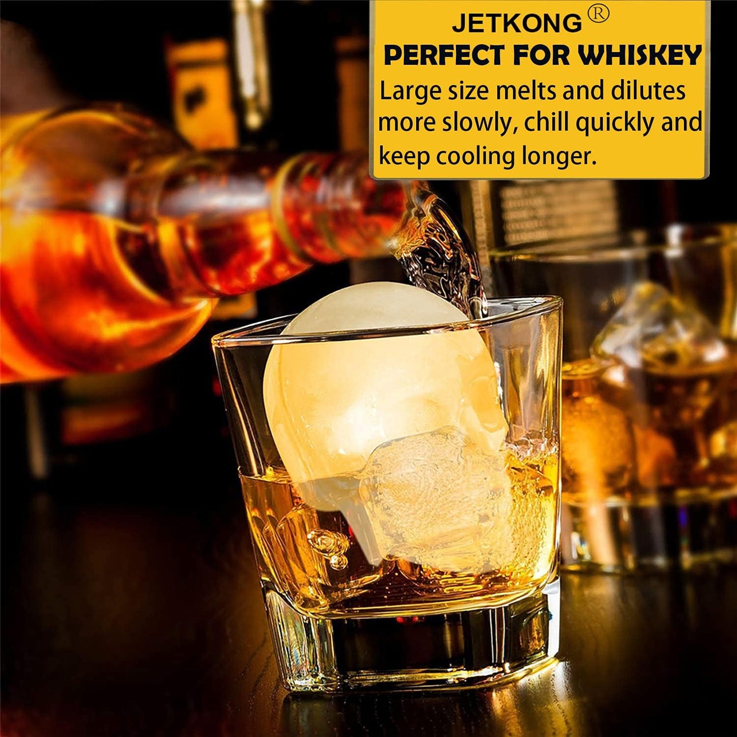 JETKONG Large Skull Ice Mold - 4 Cavity Silicone Skull Ice Maker - Ice Cube Tray for Whiskey, Bourbon, Cocktails and Juice