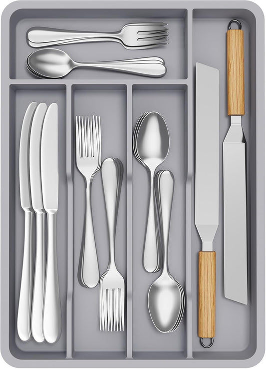 Lifewit Silverware Tray, Deep Wide Cutlery Drawer Organizer Storage for Kitchen, Plastic Flatware Utensil Holder Divider for Spoons Forks Knives Tableware, 5 Compartment, Gray