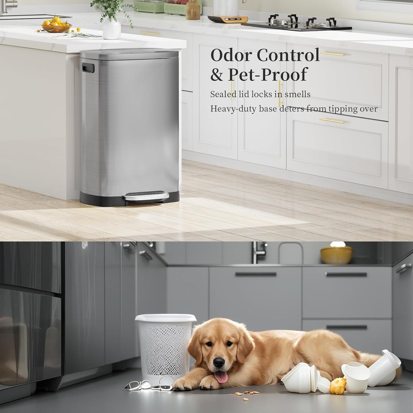 13 Gallon Trash Can with Lid, 50L Fingerprint Proof Stainless Steel Kitchen Trash Can with Removable Inner Bucket and Lid Soft Close, Pedal Rubbish Bin for Home Office（Silver）