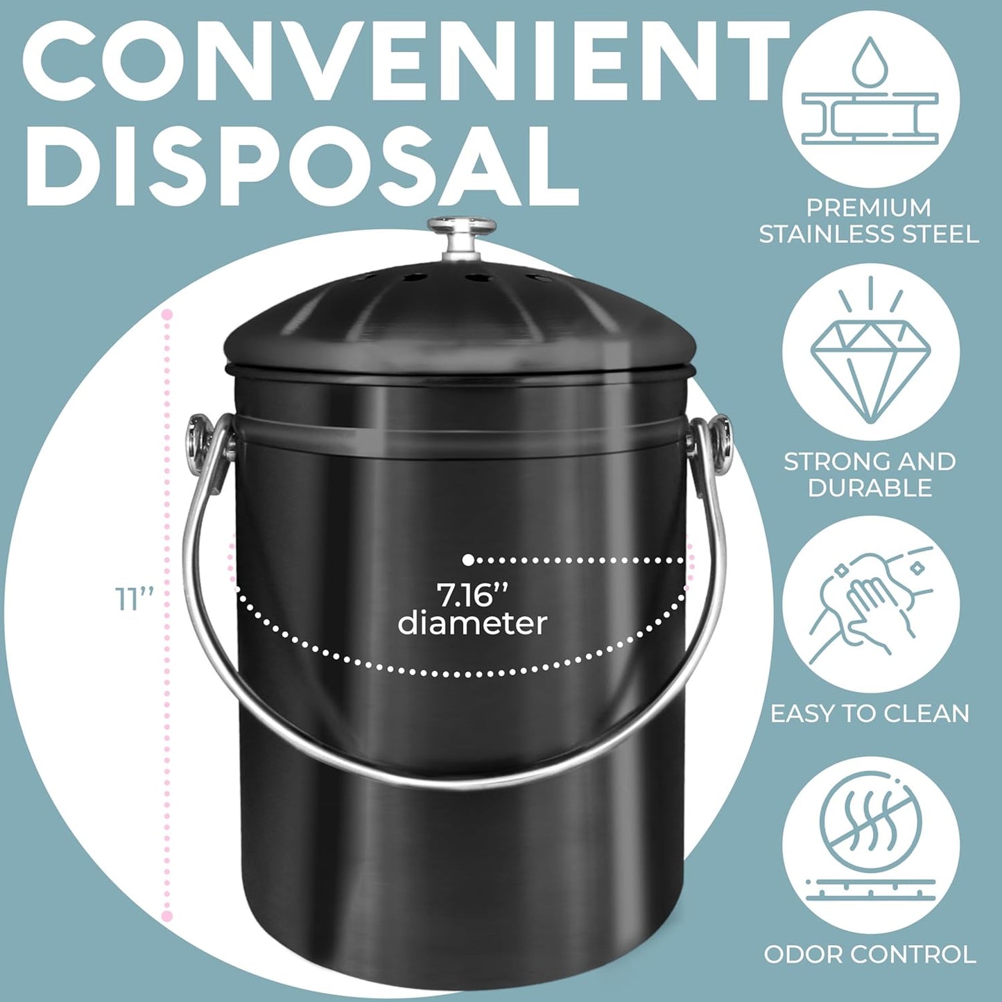 EPICA Countertop Compost Bin Kitchen | 1.3 Gallon | Odorless Composting Bin with Carbon Filters | Indoor Compost Bin with Lid | Stainless Steel Kitchen Composter for Food Scraps & Waste Recycling