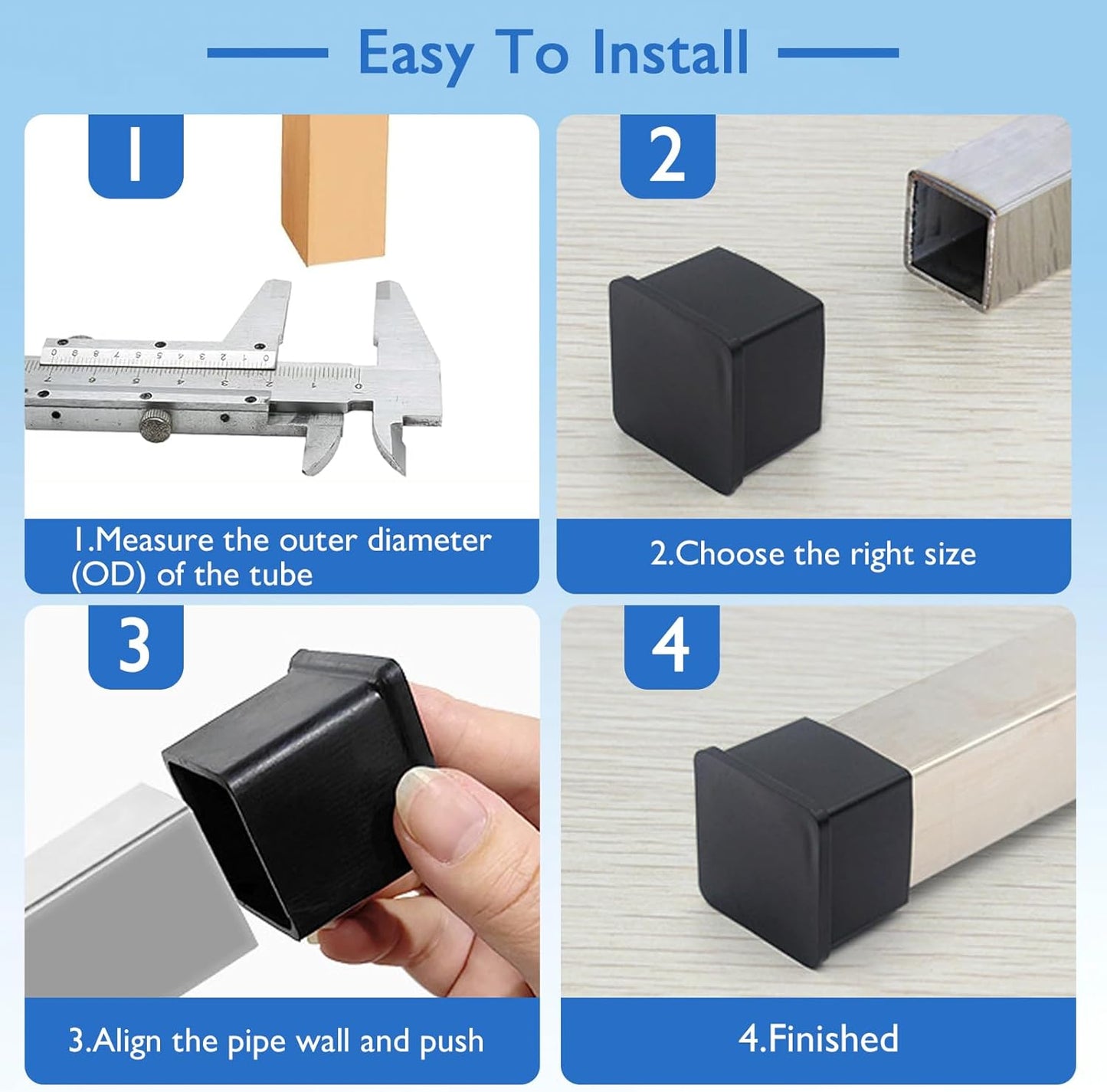 32 Pcs 1" x 1" Square Rubber Chair Leg Caps, PVC Table Leg Covers, Flexible & Anti-Slip Furniture Leg End Caps, Chair Leg Floor Protectors for Bar Stool Leg Patio Indoor, Black