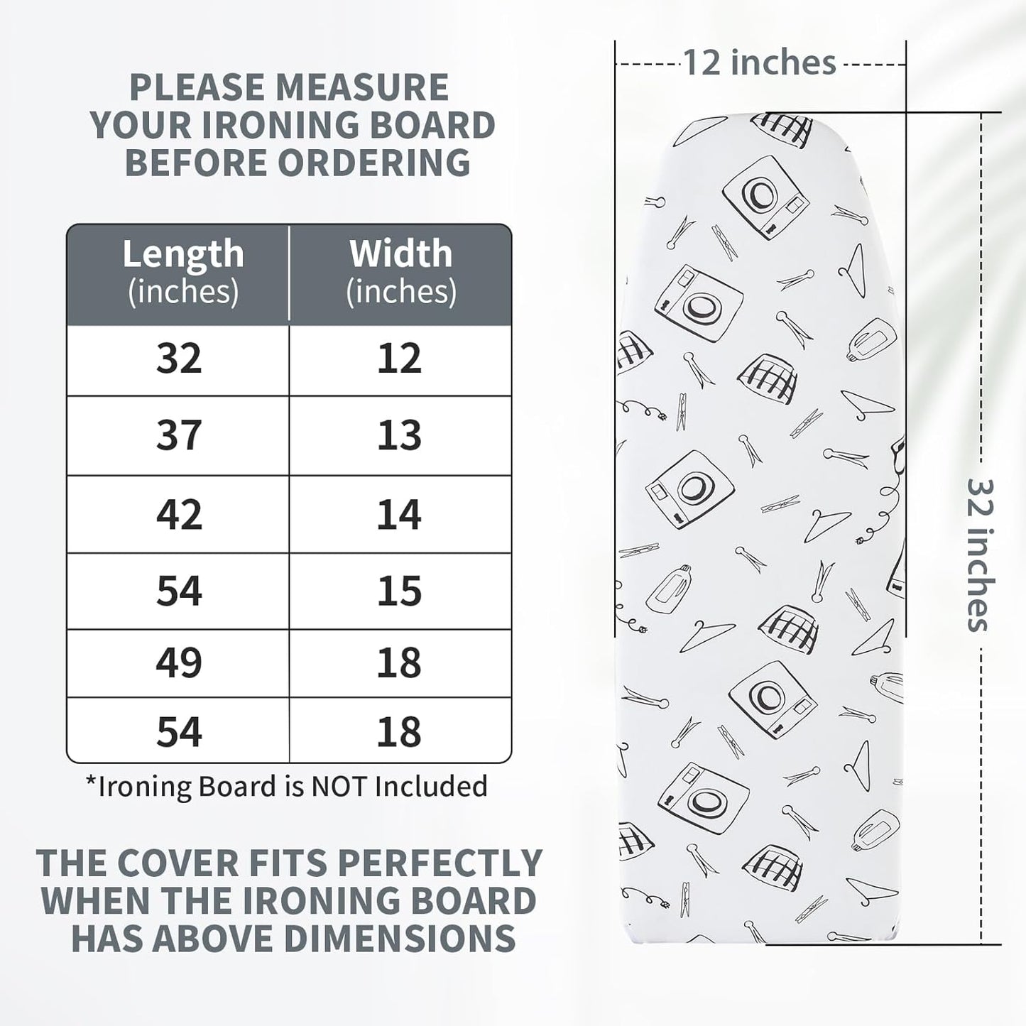 Seiritex Over The Door Ironing Board Cover 14 x 42 inch, Thick Padding and Heat Reflective with Hook and Loop Fasteners, 3 Layers Iron Board Cover (White)