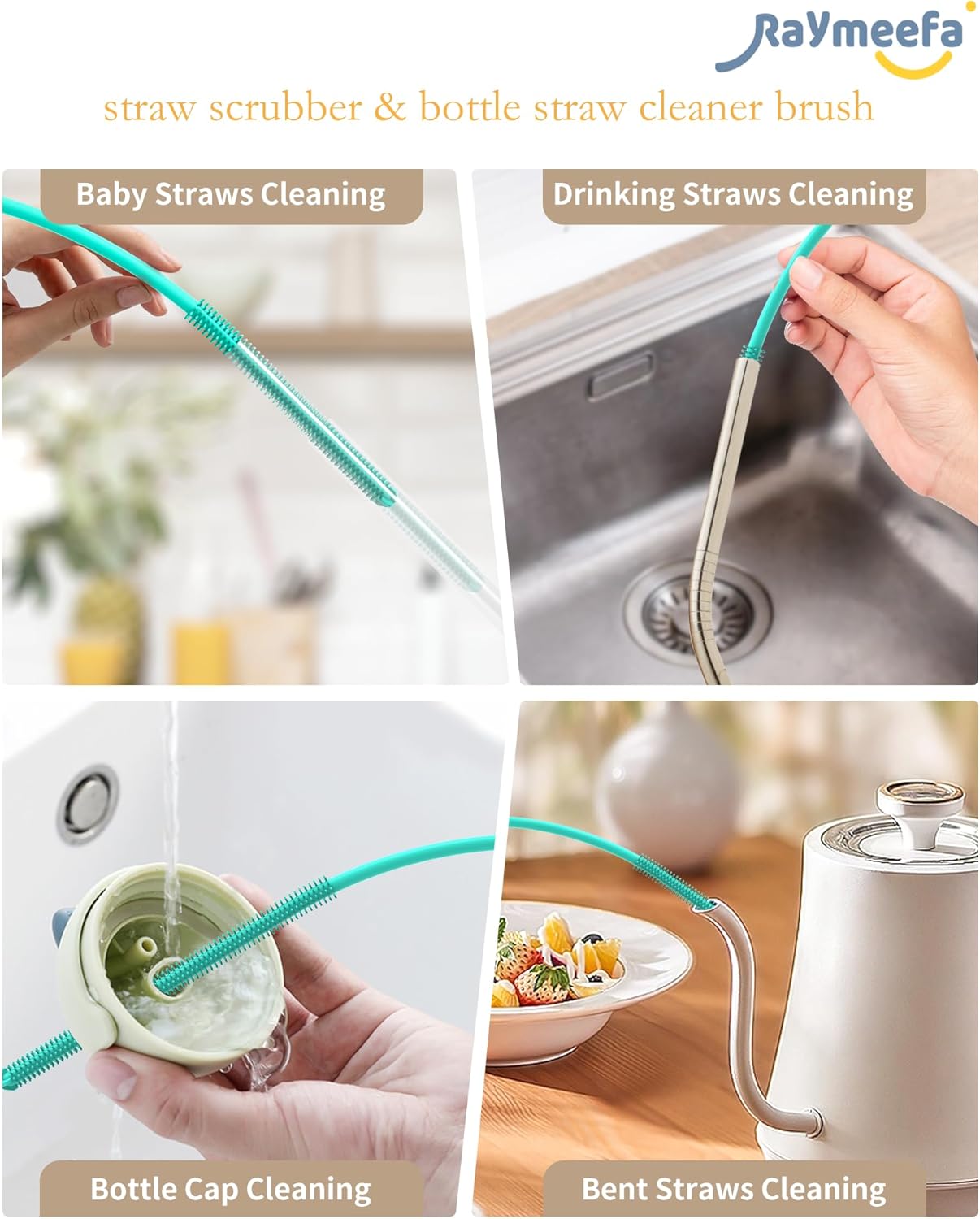 Extra Long Straw Cleaner Brush,Reusable and Soft Silicone Straw Cleaning Brush to Clean Crevice(Green)