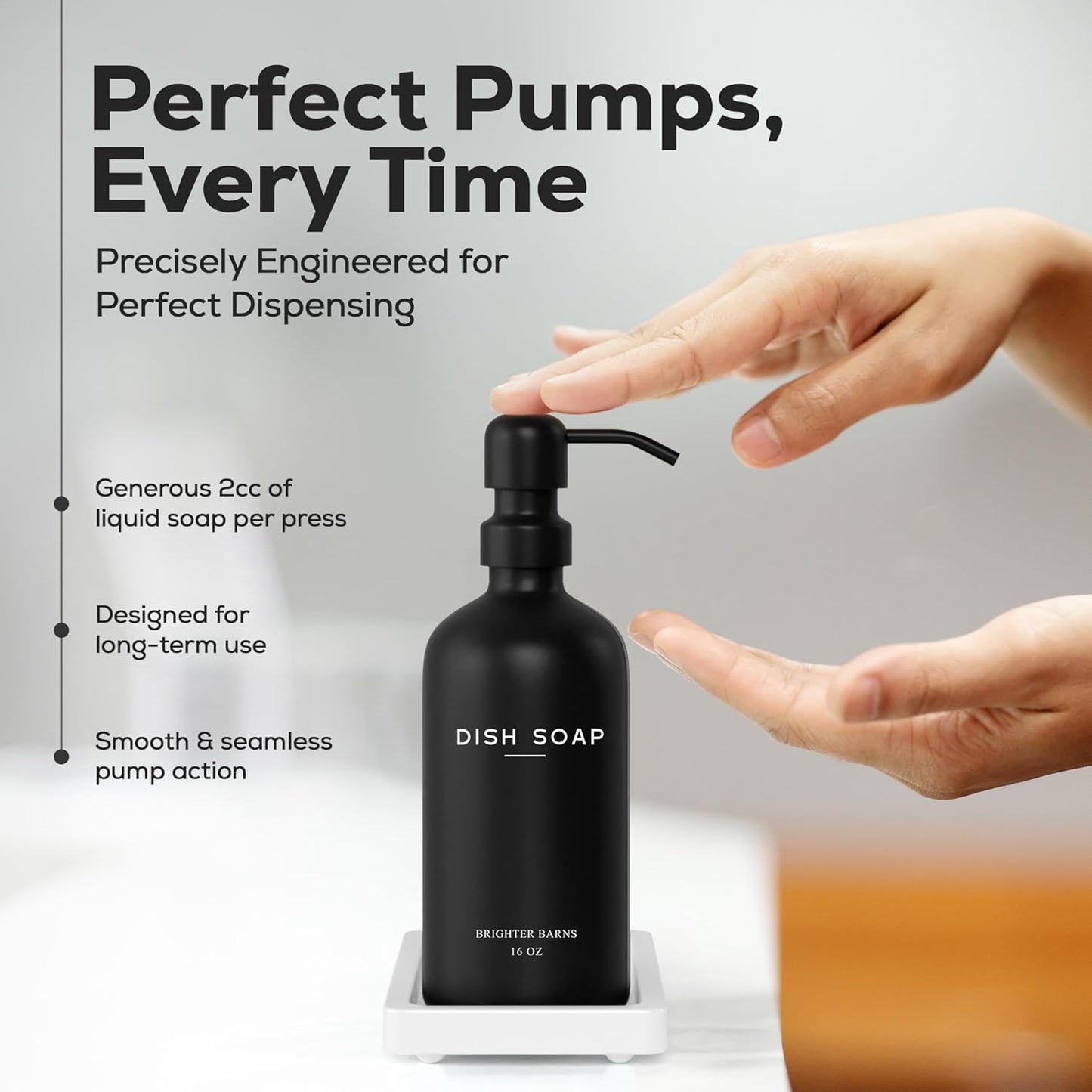 Luxury Glass Hand and Dish Soap Dispenser Set by Brighter Barns - Kitchen Soap Dispenser Set with Tray for Kitchen, Home or Restaurant - Modern Farmhouse Kitchen Decor (Black/White)